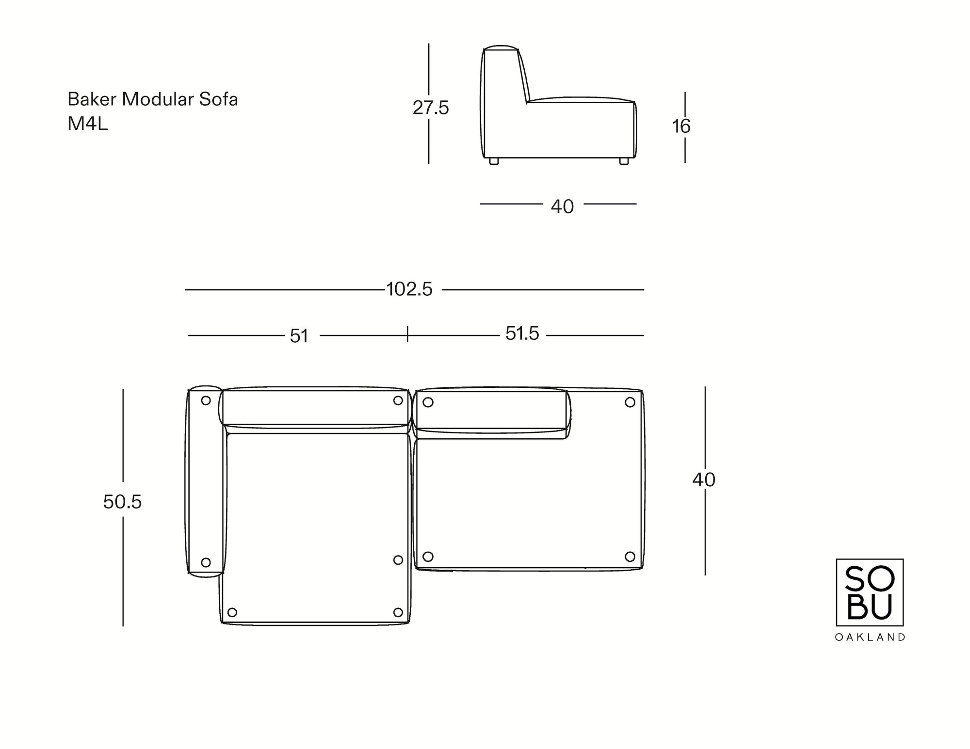 Line drawing of the Baker Modular Sofa | Fabric • M4, a modern modular sofa by Wooden Stories, shown from side and top views with labeled dimensions in inches. Branding appears in the bottom right corner.