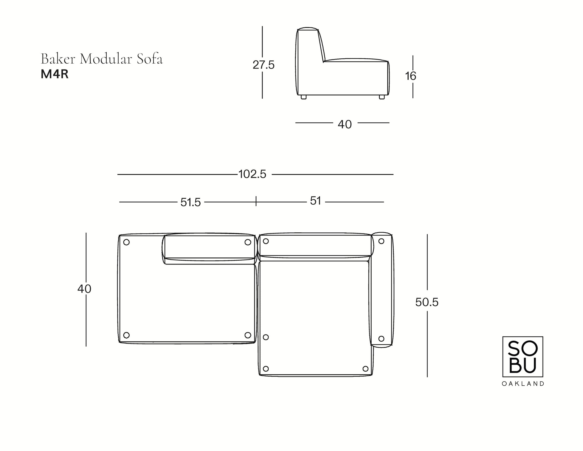 Black and white diagram of the Baker Modular Sofa | Fabric • M4 by Wooden Stories, a modern modular sofa, with dimensions: height 27.5", seat height 16", depth 40", width 102.5", and sectional sizes 51.5", 51", and 50.5".