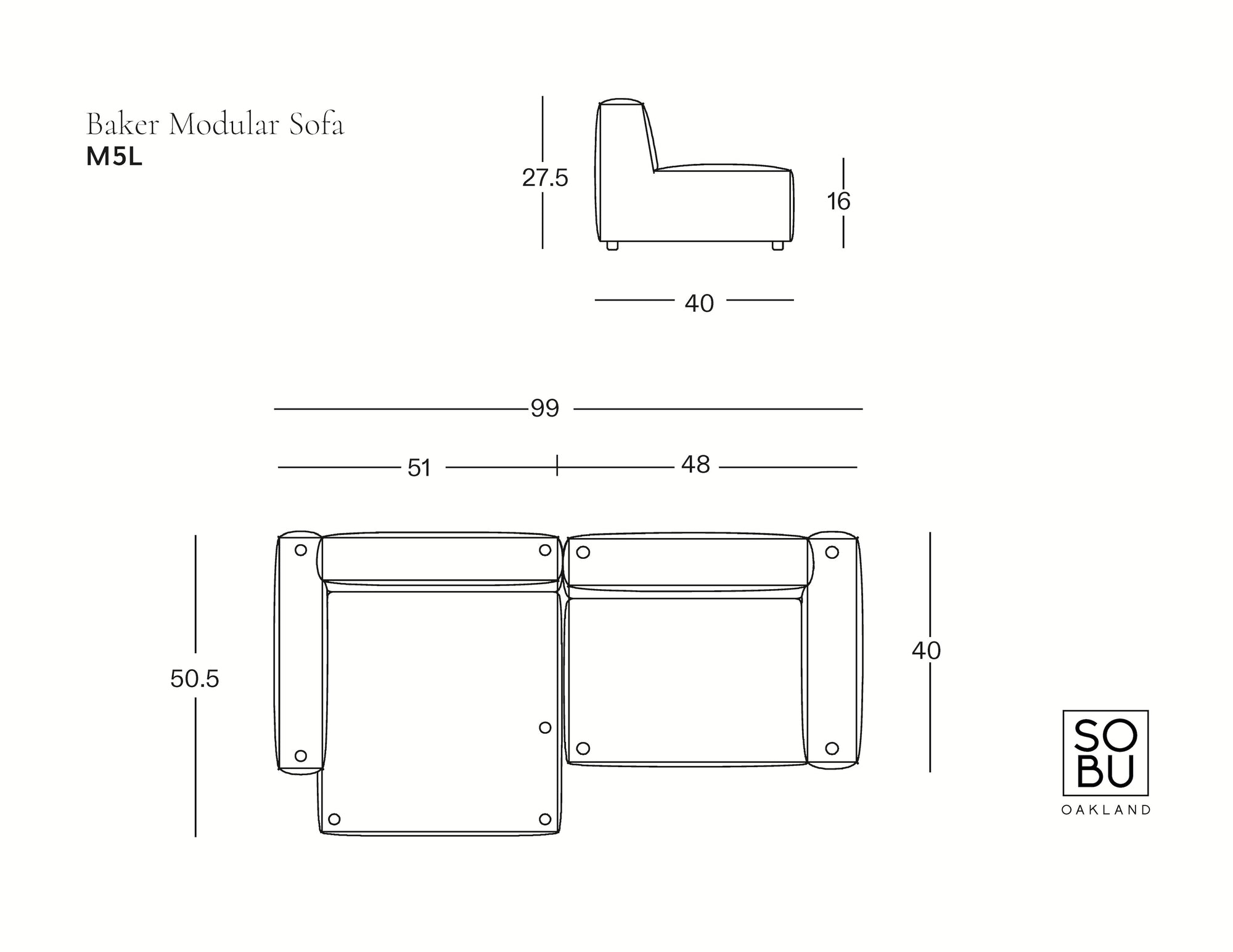 Diagram of the Baker Modular Sofa | Fabric • M5 by Wooden Stories in modular layout, with top and side views showing measurements: 99" wide, 50.5" deep, 27.5" high, seat height 16". SOBU Oakland logo at lower right.