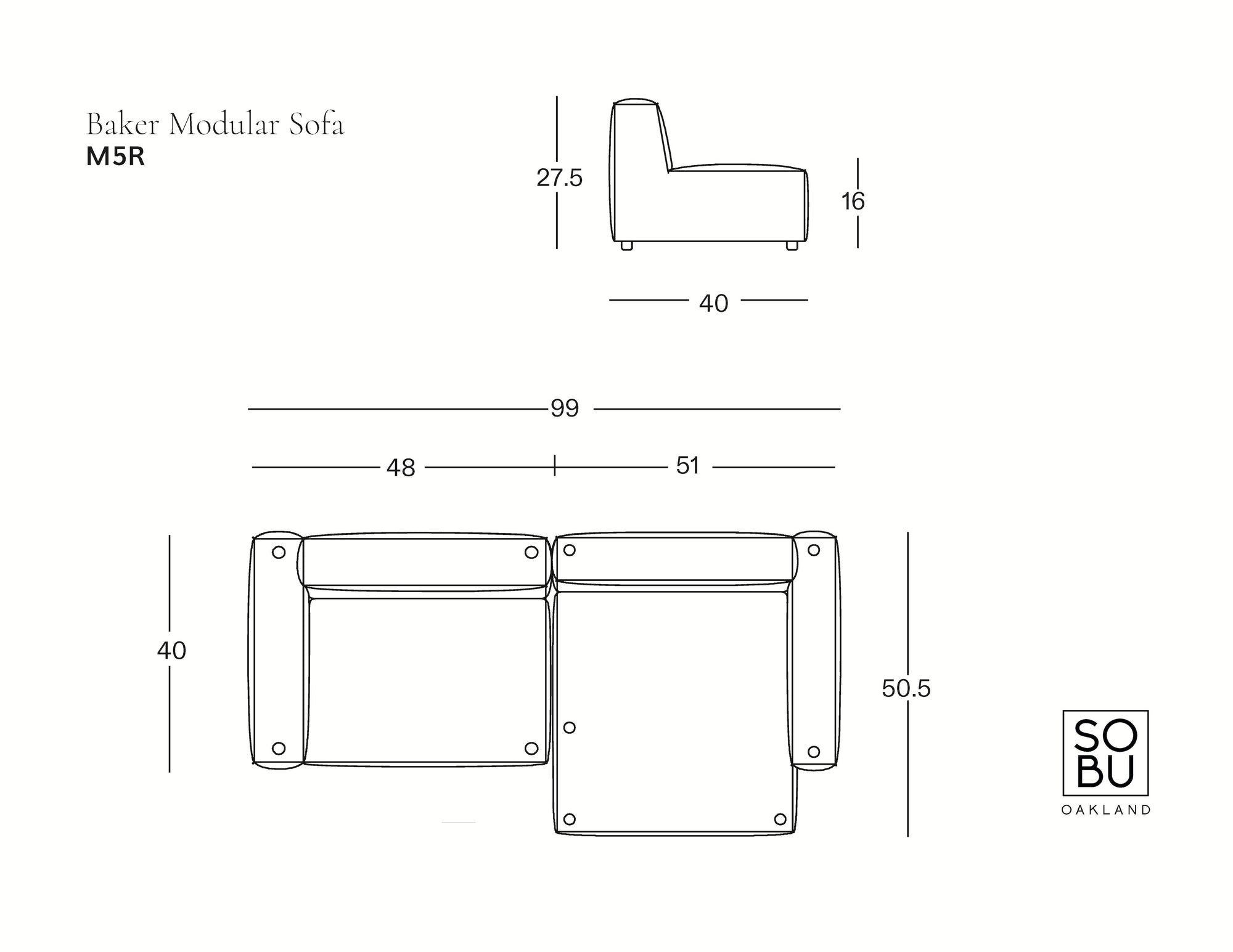 Line drawing of the Wooden Stories Baker Modular Sofa | Leather • M5 with measurements in inches: height 27.5, seat height 16, seat depth 40, width 99, depth 40, side section width 51, side section depth 50.5. SO|BU Oakland logo in corner.