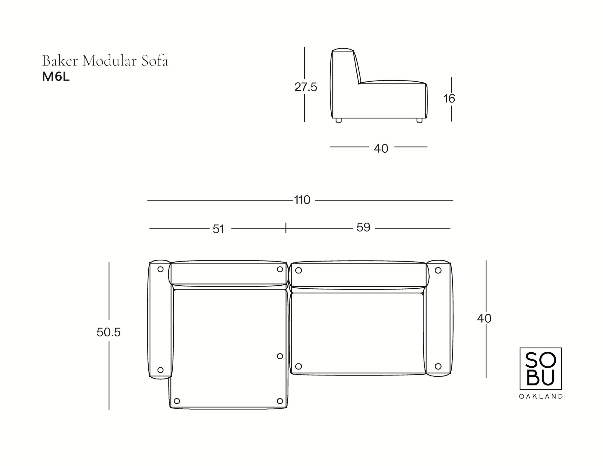 Line drawing of the Baker Modular Sofa | Fabric • M6 by Wooden Stories, featuring feather filling. Dimensions: 27.5” height, 16” seat height, 40” depth, 110” width (sections: 51”, 59”), and 50.5” depth. SOBO Oakland logo included.