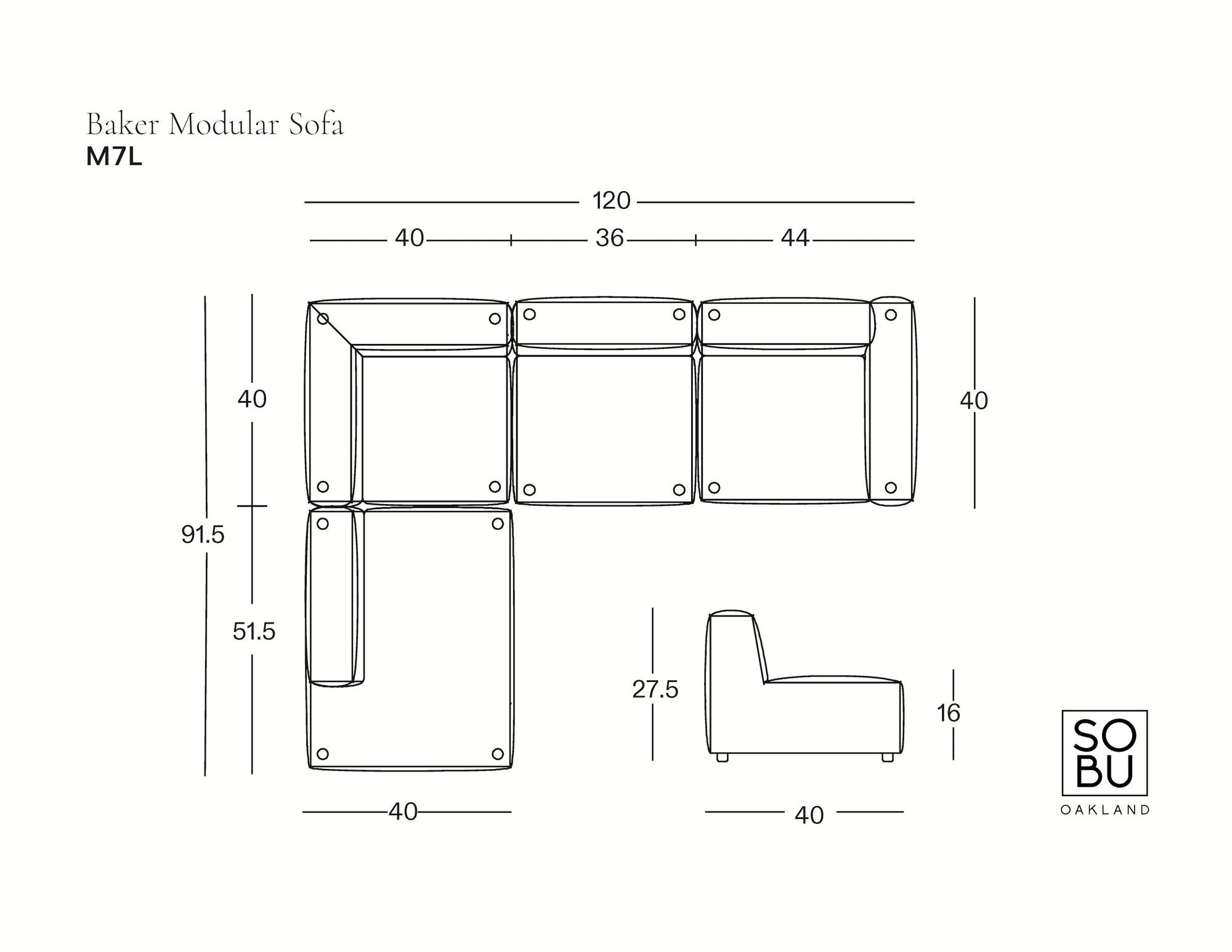 Line drawing of the Baker Modular Sofa | Fabric • M7 by Wooden Stories, model M7L, in L-shape with dimensions in centimeters. Side view shown; SOBU Oakland logo appears at bottom right. Contemporary design.