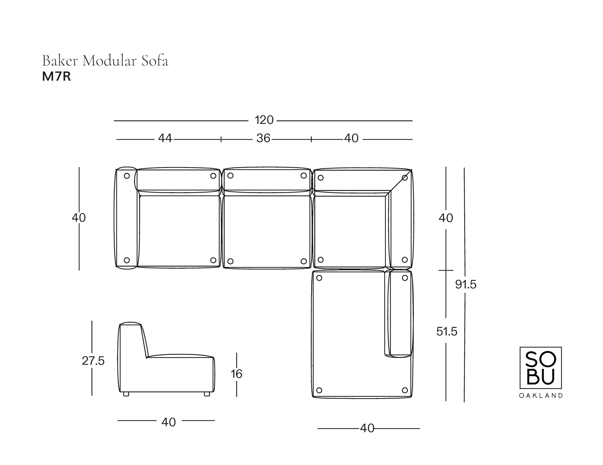 Line drawing of the Baker Modular Sofa | Leather • M7 by Wooden Stories in an L-shaped layout, showing detailed measurements (cm) for each section, a side view of this contemporary piece, and the SOBO Oakland logo.