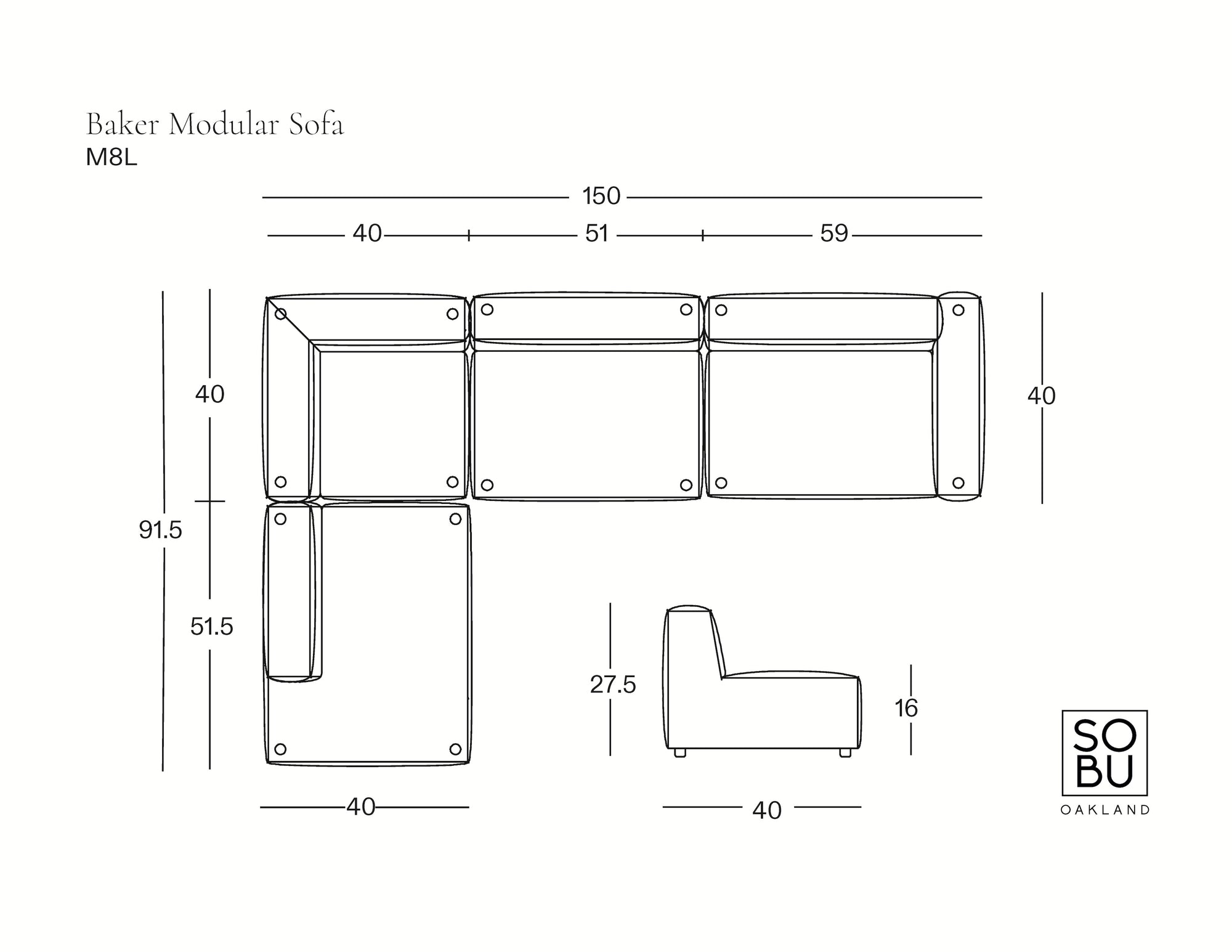 Line drawing of the Baker Modular Sofa | Fabric • M8 by Wooden Stories, featuring labeled dimensions in centimeters with top and side views. SOBU Oakland logo appears in the bottom right corner.
