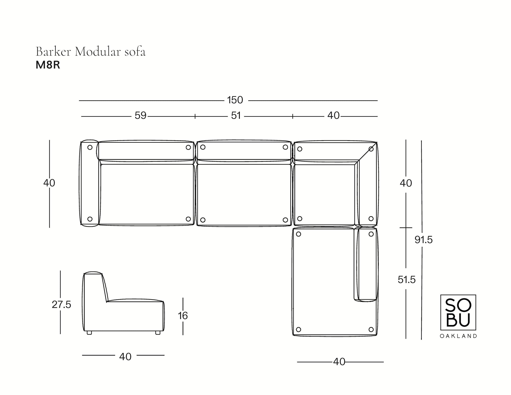 A line drawing of the Baker Modular Sofa | Leather • M8 by Wooden Stories, a modern L-shaped modular sofa, shown from top and side views with detailed measurements in centimeters and the Wooden Stories logo in the bottom right corner.