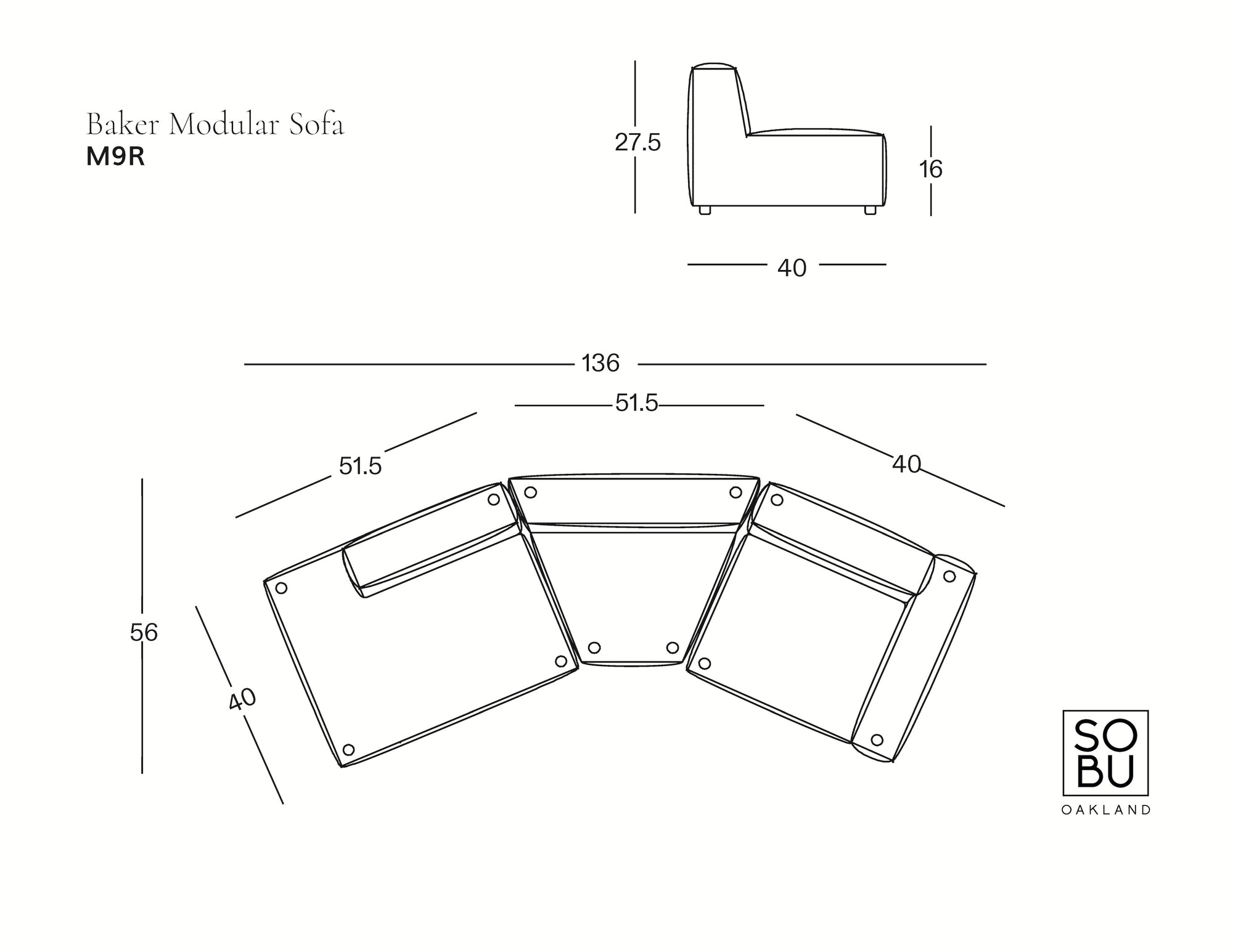 Line drawing of a Baker Modular Sofa | Fabric • M9 by Wooden Stories, Danish design, showing side and top views with dimensions: 136" wide, 40" deep, 27.5" high, and three connected seats in an angled configuration.
