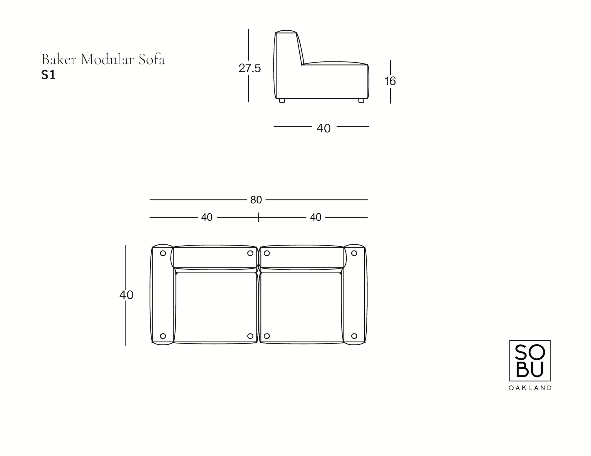 Line drawings of the Baker Sofa | Leather by Wooden Stories showing side and top views with measurements: height 27.5, seat height 16, width 40, length 80. SOBO Oakland logo appears in the bottom right corner.
