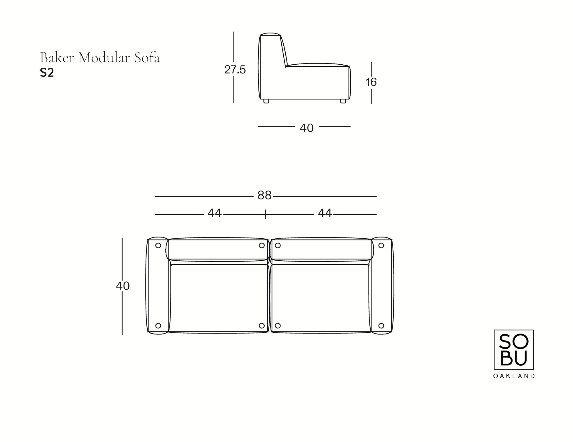 Line drawing of a Baker Sofa | Leather by Wooden Stories with front and side views; labeled dimensions in inches: width 88, seat depth 40, height 27.5, seat height 16. SOBU Oakland logo appears in the lower right corner.
