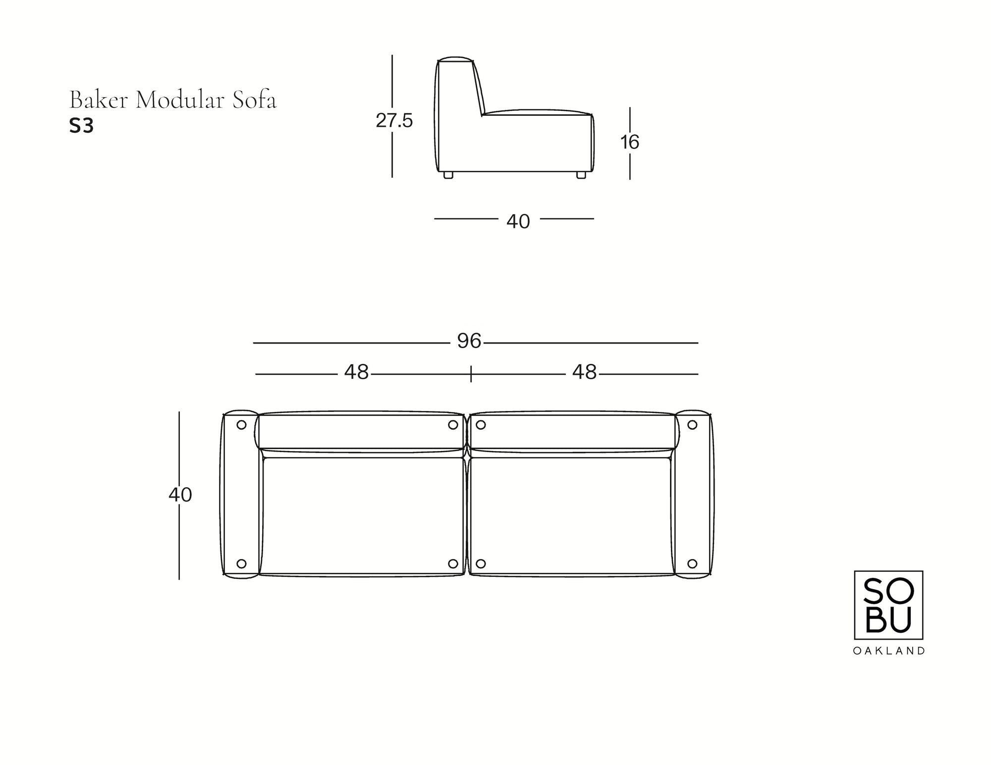 Line drawing of the Baker Sofa | Leather by Wooden Stories, showing side and top views with measurements: height 27.5”, seat height 16”, depth 40”, width 96” (48” per section). Features feather fill. SOBU Oakland logo at bottom right.
