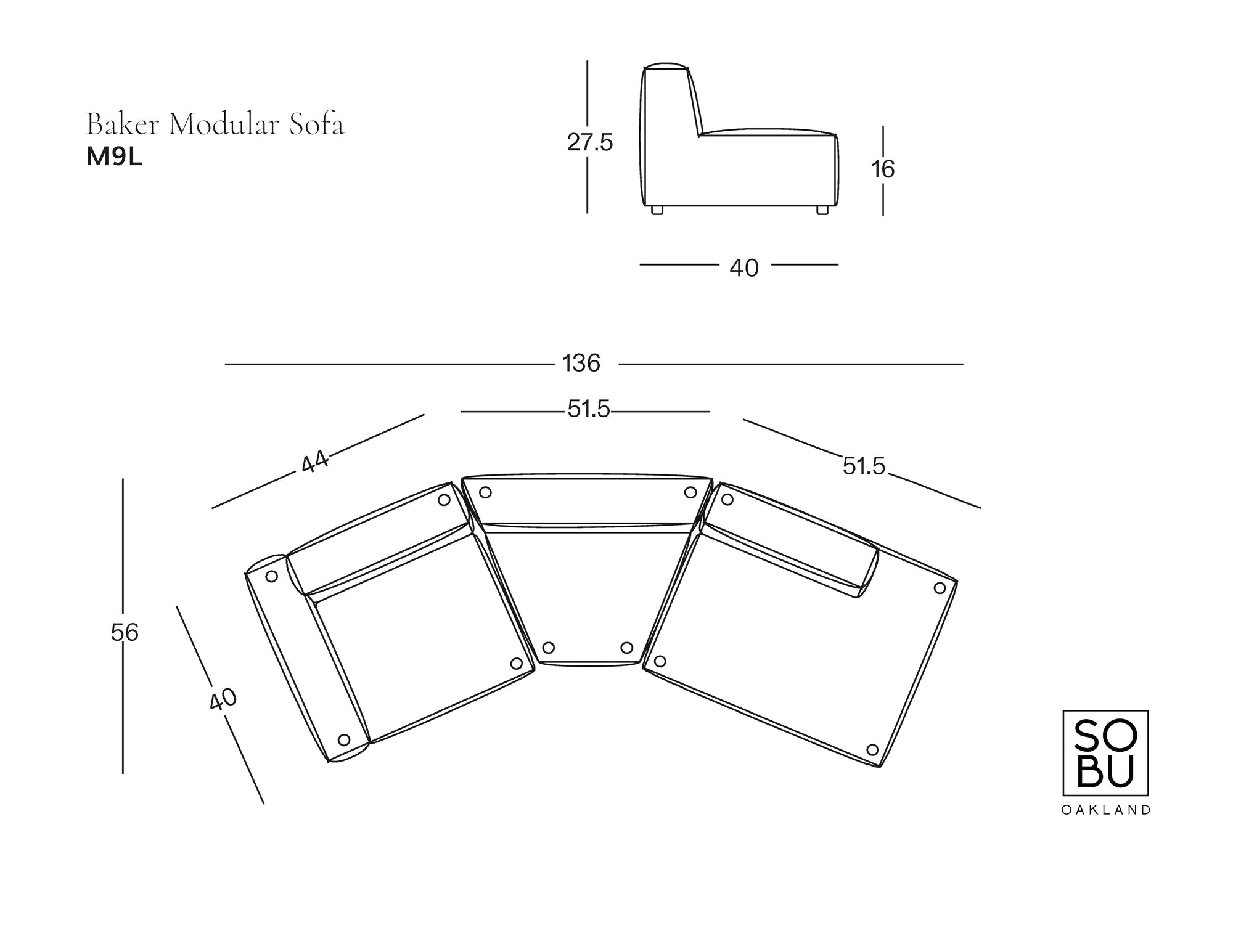 Line drawing of the Baker Modular Sofa | Leather • M9 by Wooden Stories, showing top and side views with measurements in inches; sofa features three angled sections.