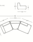 Line drawing of the Baker Modular Sofa | Leather • M9 by Wooden Stories, showing top and side views with measurements in inches; sofa features three angled sections.