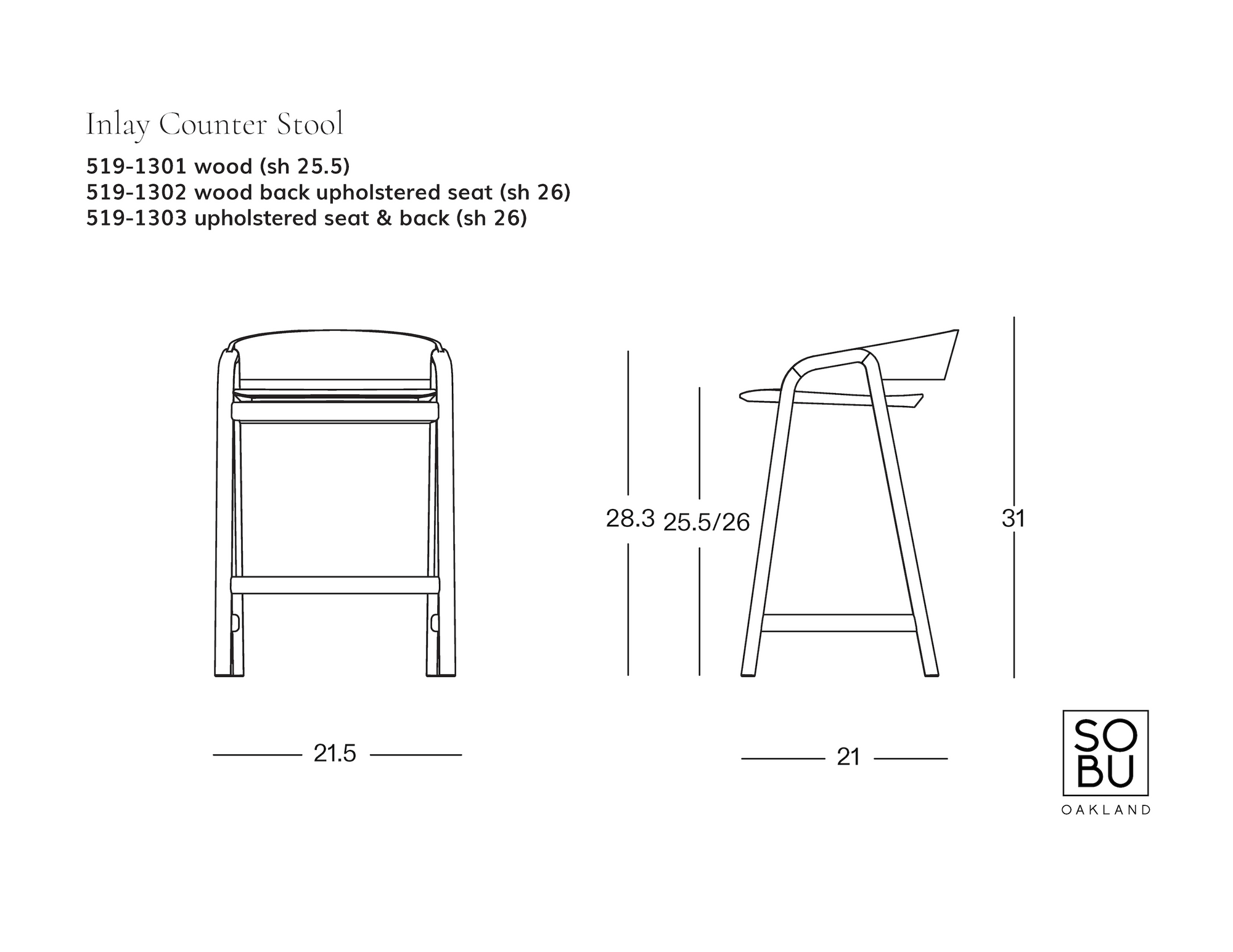 Line drawings of the Inlay Counter Stool | Wood Seat by Wooden Stories are shown from both front and side views with dimensions labeled: height 28.3–31, width 21.5, and depth 21. The text highlights various model options—including choices from the Danish Collection as well as a solid oak version—while the Wooden Stories logo appears in the bottom right corner.