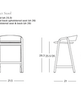 Line drawings of the Inlay Counter Stool | Wood Seat by Wooden Stories are shown from both front and side views with dimensions labeled: height 28.3–31, width 21.5, and depth 21. The text highlights various model options—including choices from the Danish Collection as well as a solid oak version—while the Wooden Stories logo appears in the bottom right corner.