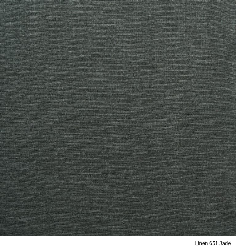 Close-up of a SOBU Material Swatches dark green woven fabric swatch labeled Linen 651 Jade from the new Danish Collection.