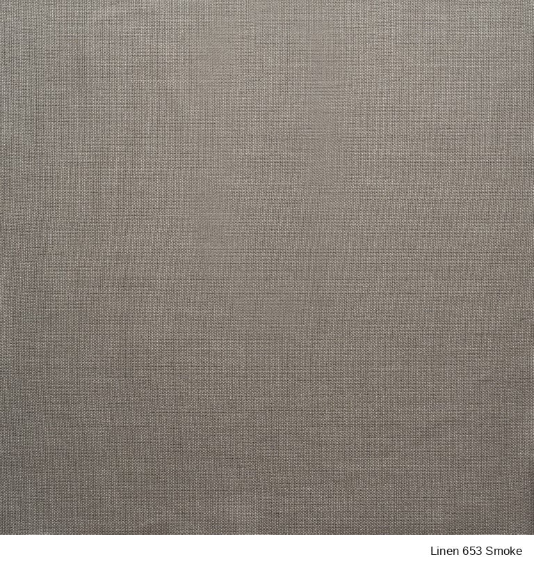 Close-up of a Material Swatches smoke-gray fabric swatch from the New Danish Collection, featuring a visible weave labeled Linen 653 Smoke.