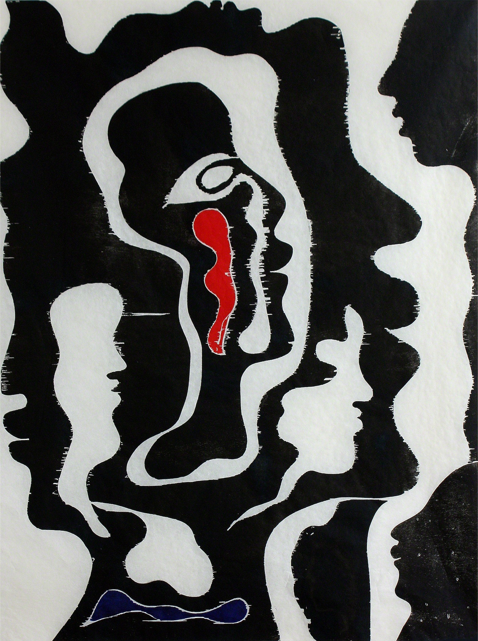 Experience “Black in the Midst of the Red White and Blue, 2017” by Lonnie Holley—a limited edition fine art print published by Paulson Fontaine Press. This piece features a striking abstract black and white composition with multiple overlapping human profiles, vibrant central red and blue shapes, and flowing lines that form faces within faces. Reminiscent of woodblock prints and inspired by Lonnie Holley’s expressive style, it invites viewers to explore layers of identity through its bold, textured forms.