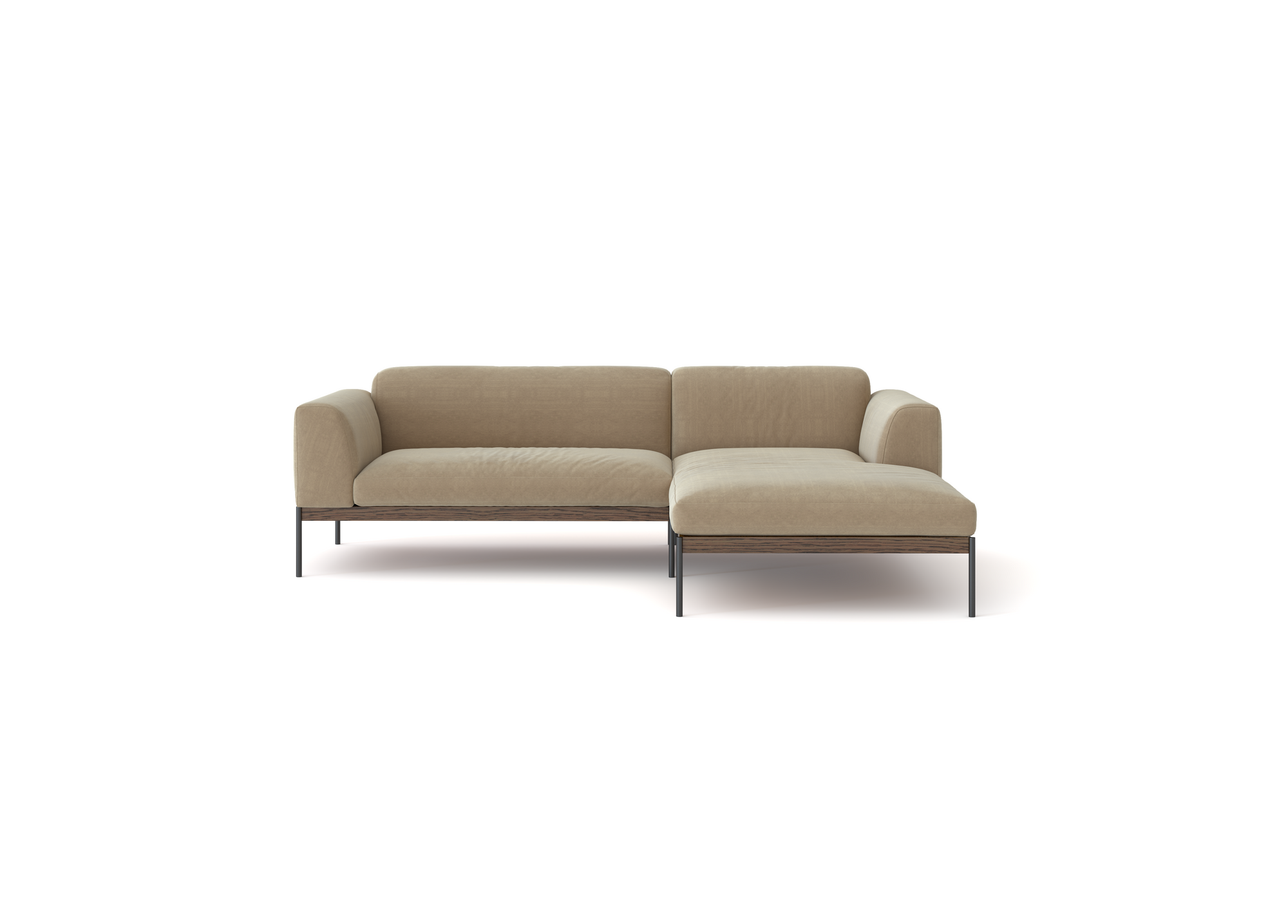 The Wooden Stories Department Modular Sofa | Fabric • M2 is a modern beige sectional with a right-facing chaise, slim black metal legs, and solid wood base, inspired by Danish design, shown against a white background.