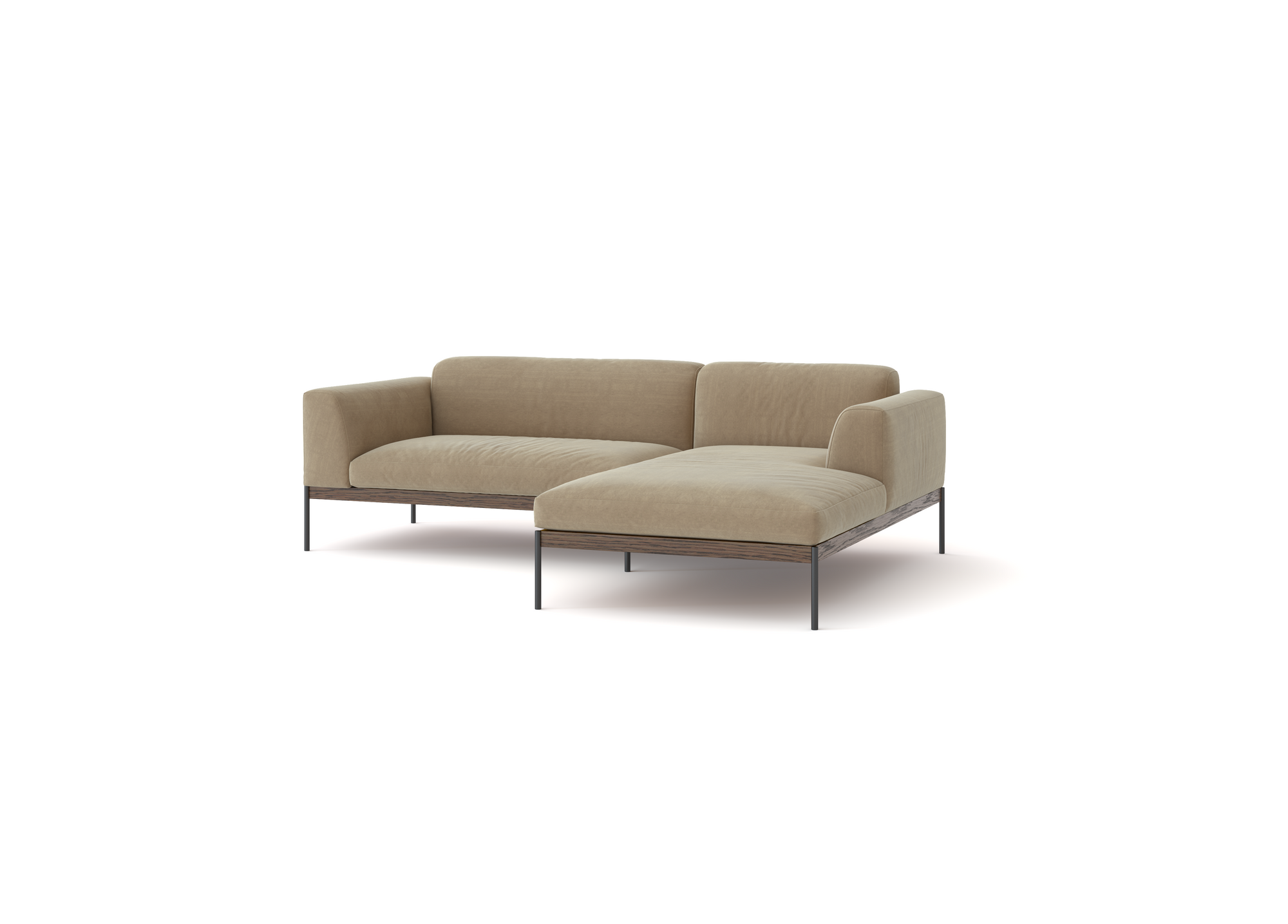 The Wooden Stories Department Modular Sofa | Fabric • M2 features a modern beige design with a right-side chaise, solid wood base, and metal legs, all set against a plain white background.