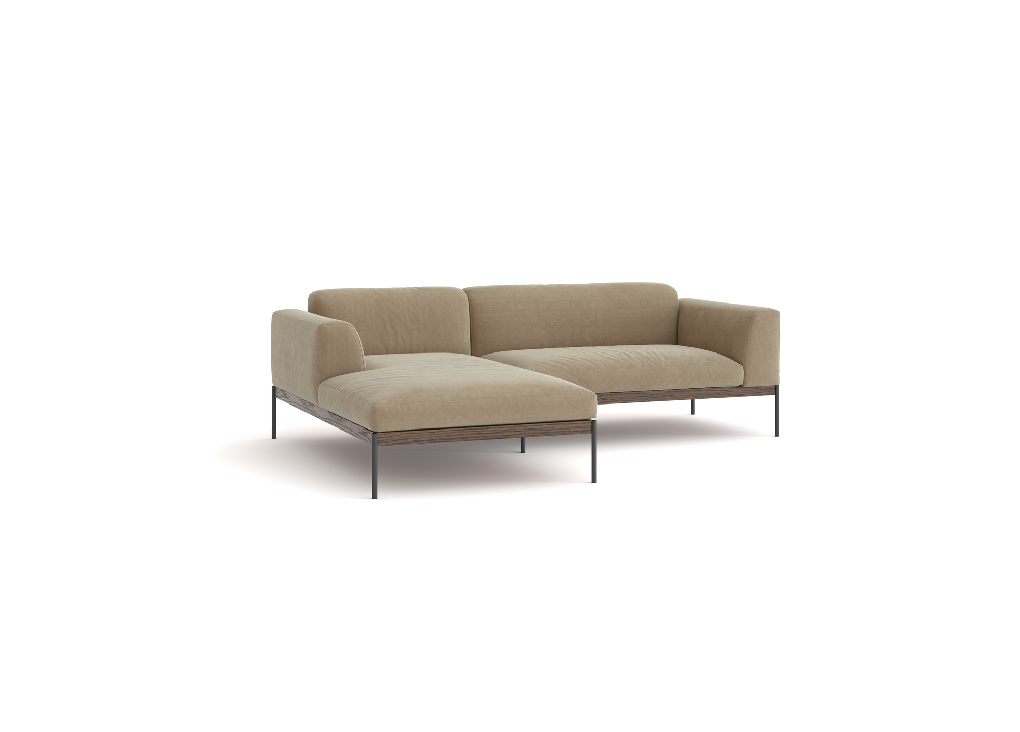 The Department Modular Sofa | Fabric • M1 by Wooden Stories is a modern beige sectional with upholstered sections, left-side chaise lounge, slim black metal legs, and a low solid wood base, shown on a white background.