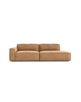 The Baker Modular Sofa | Leather • M1 by Wooden Stories features tan leather, a left armrest, wide cushioned seats, and a low profile—an ideal contemporary sofa for modern spaces, shown against a plain white background.