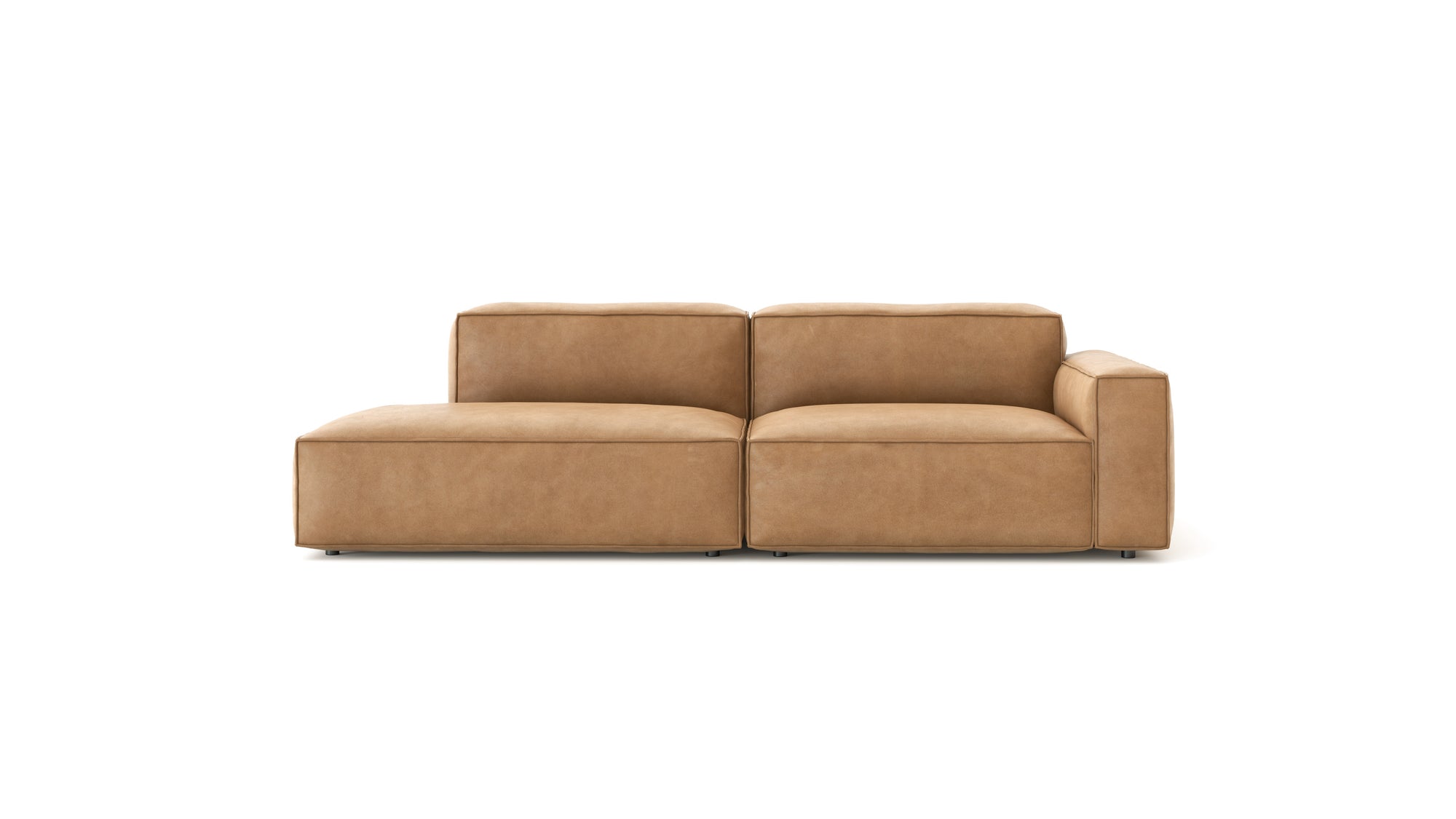 The Baker Modular Sofa | Leather • M1 by Wooden Stories features a modern tan leather design with clean lines, low backrests, wide seat cushions, and a right-side armrest, shown against a plain white background.