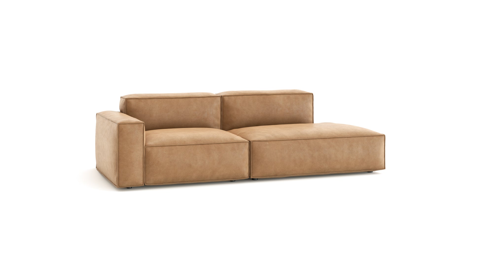 The Baker Modular Sofa | Leather • M1 by Wooden Stories is a modern tan leather loveseat with wide blocky armrests and plush seat and back cushions, shown against a white background.