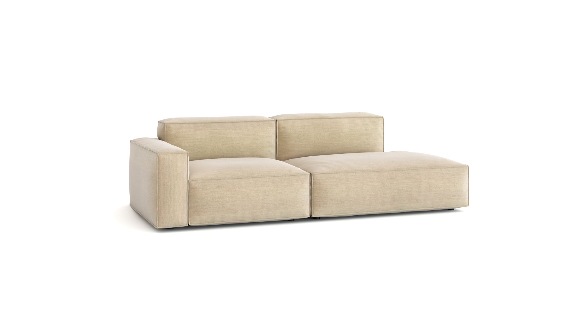 The Baker Modular Sofa | Fabric • M1 by Wooden Stories is a modern beige sofa with feather filling, low backrest, wide cushioned seats, clean lines, and a left-side armrest, shown against a white background.