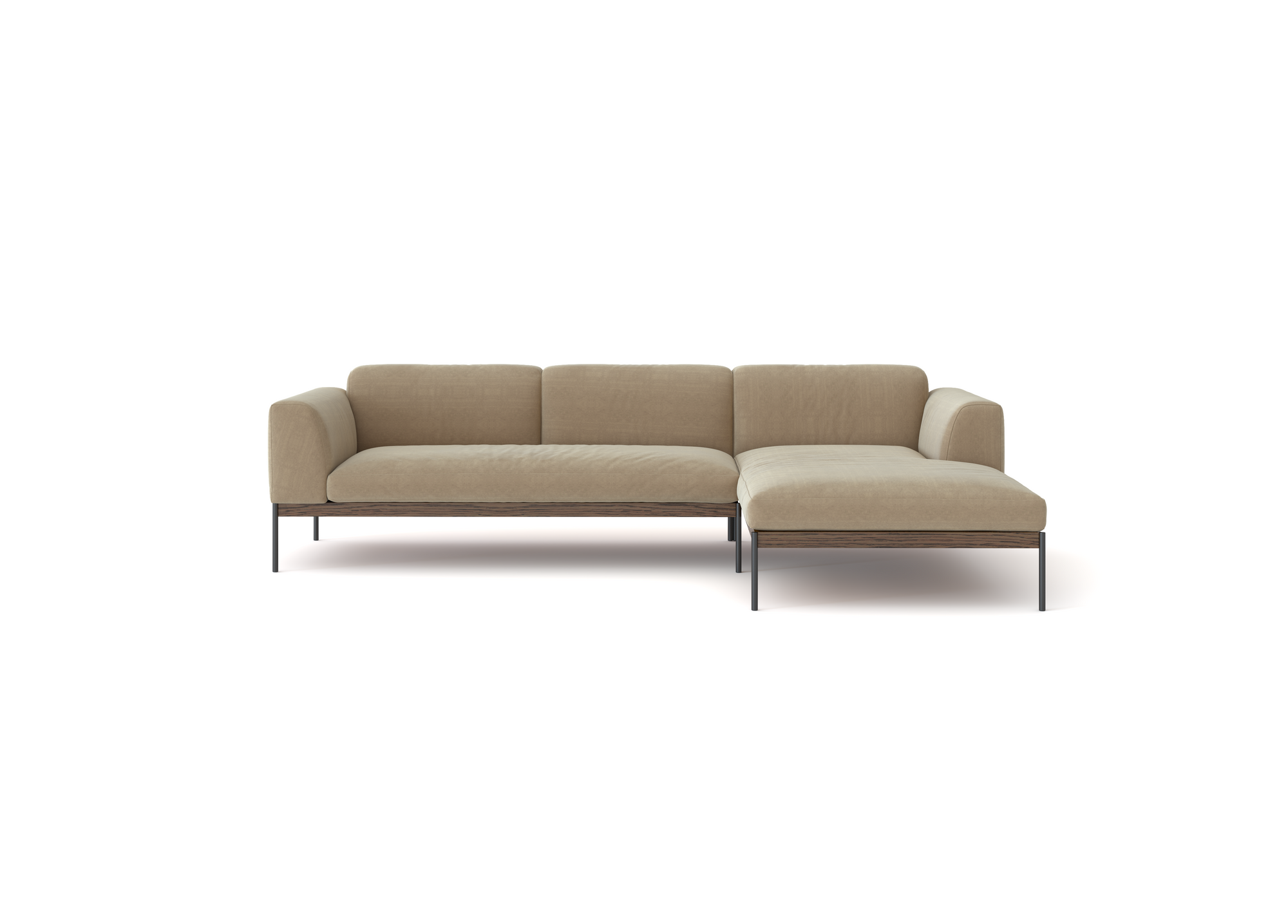 The Department Modular Sofa | Fabric • M2 by Wooden Stories is a modern beige sectional with clean lines, metal legs, a right-facing chaise, and a solid wood base inspired by Danish design, shown against a plain white background.