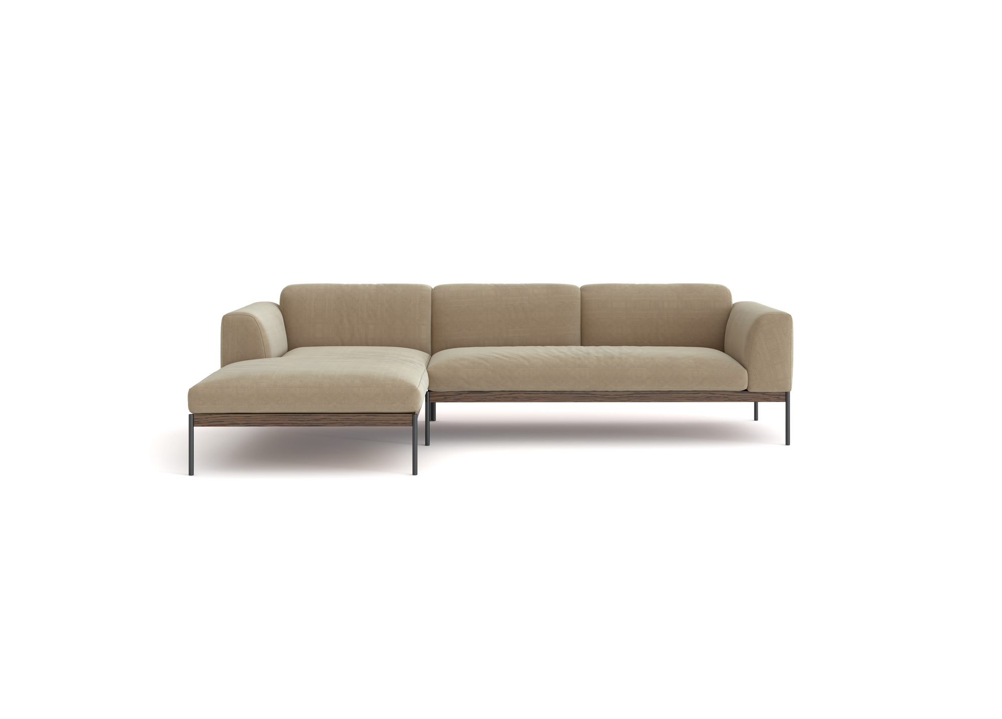 The Department Modular Sofa | Fabric • M2 by Wooden Stories features a modern beige design with a left-facing chaise, minimalist style, low-profile backrests, and thin black metal legs, inspired by Danish collections and shown on a plain white background.