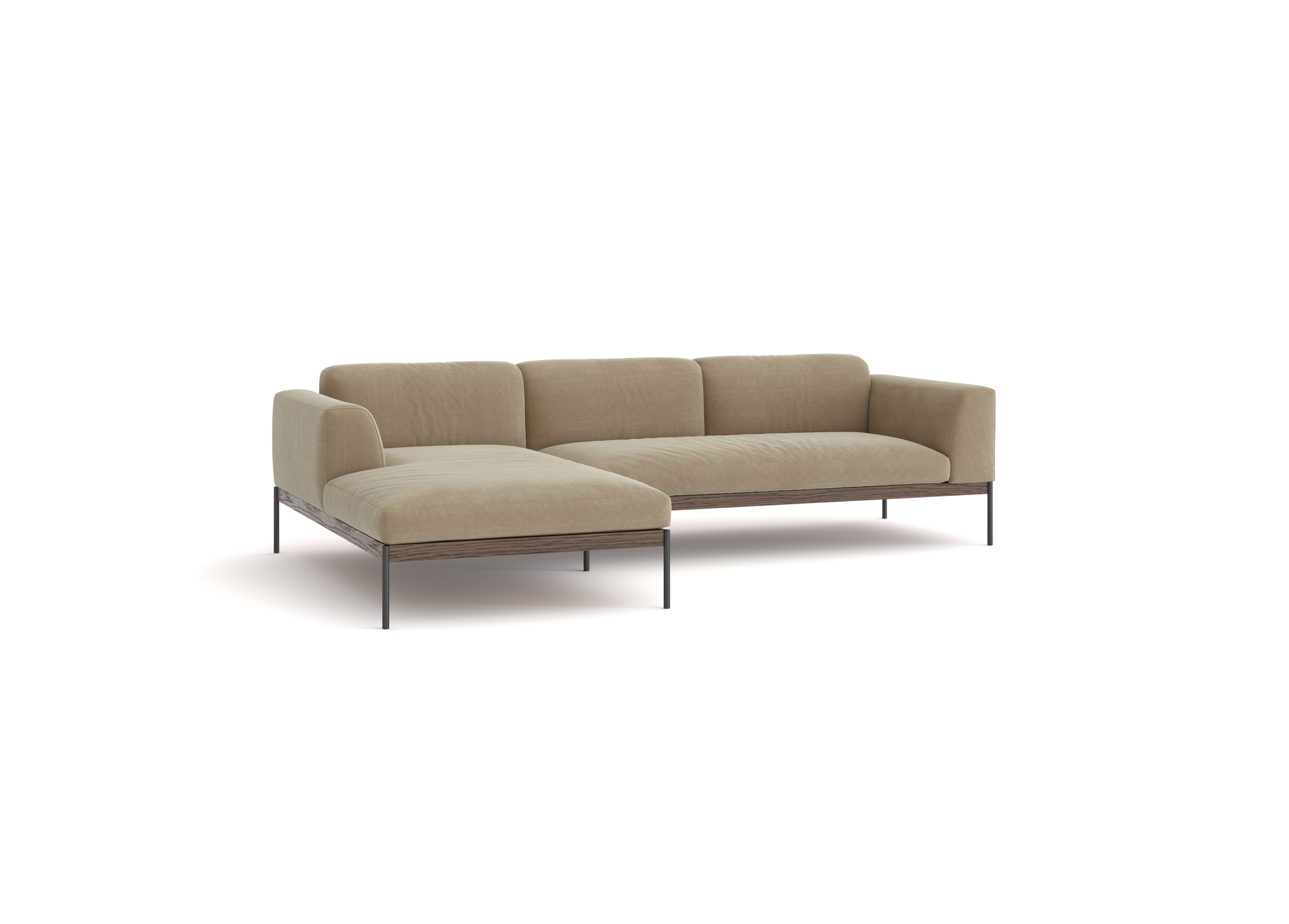 The Department Modular Sofa | Fabric • M2 by Wooden Stories is a modern beige sectional with low back and arms, metal legs, left-facing chaise lounge, and solid wood base, shown on a white background.