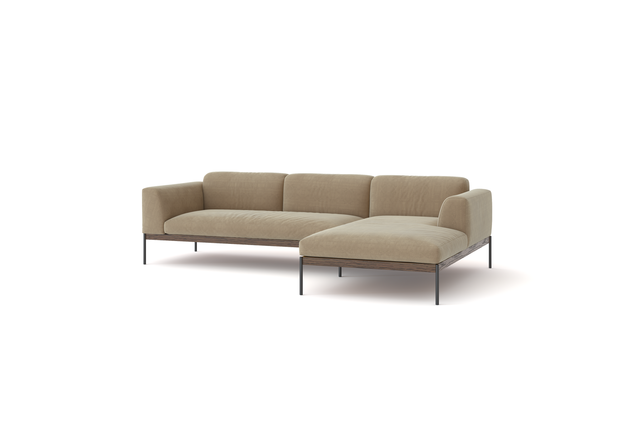 The Department Modular Sofa | Fabric • M2 by Wooden Stories is a modern beige sectional with slim black metal legs and a right-side chaise lounge, shown against a plain white background.
