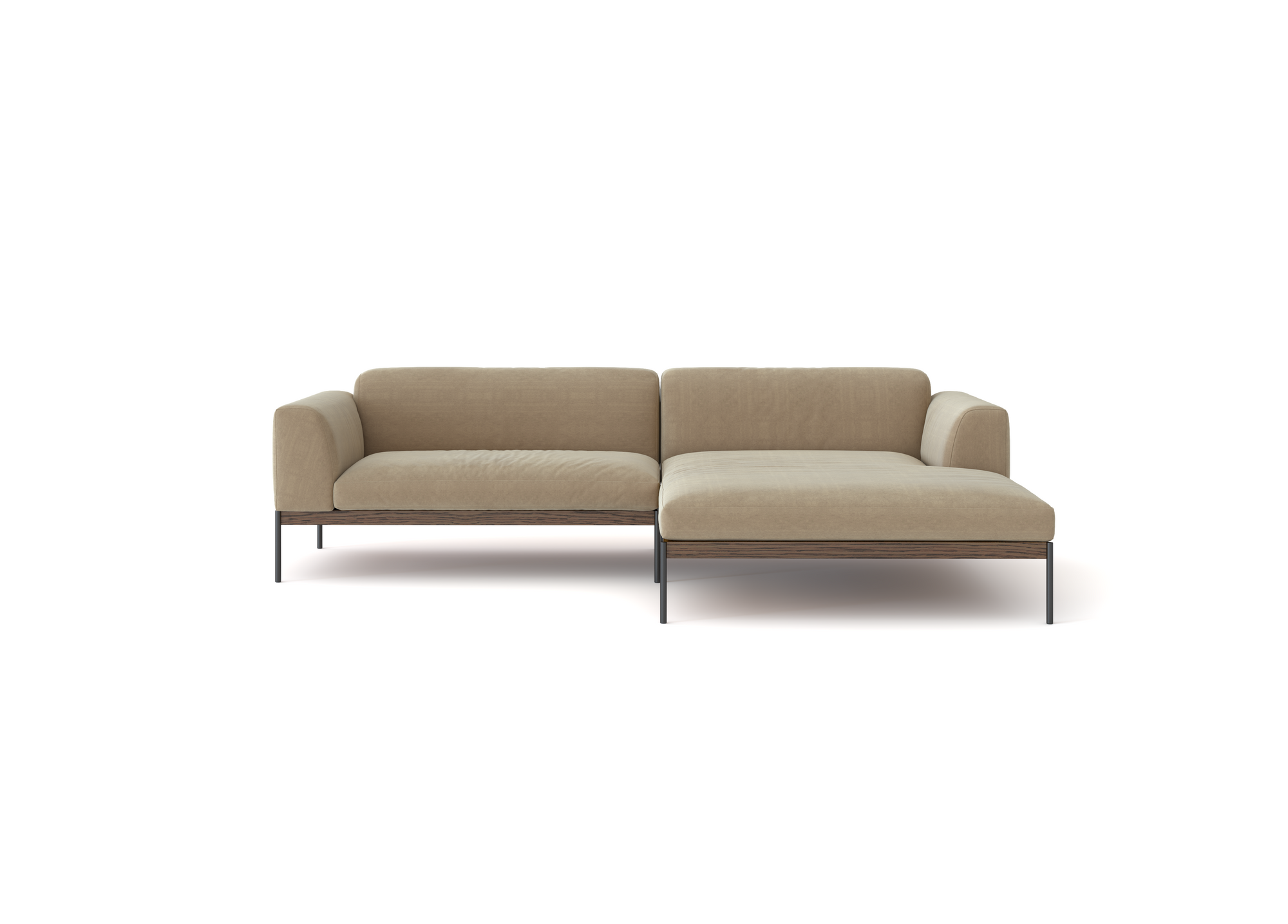 The Department Modular Sofa | Fabric • M3 by Wooden Stories is a modern beige L-shaped sofa with slim metal legs and low armrests, inspired by Danish collections to complement contemporary interiors. Isolated on a white background.