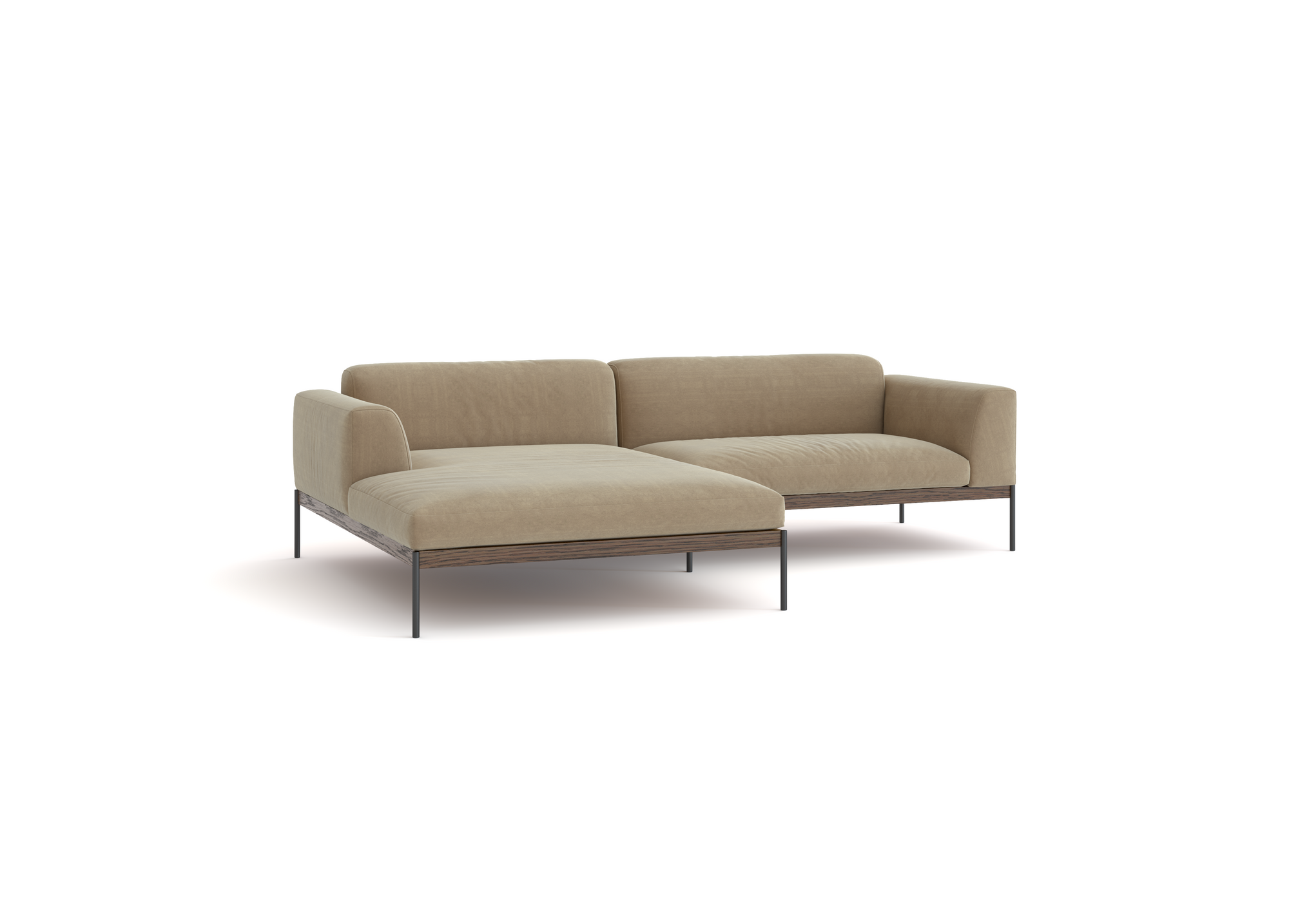 The Department Modular Sofa | Fabric • M3 by Wooden Stories is a modern beige sectional with a left chaise, sleek metal legs, and a solid wood base inspired by Danish design, displayed against a white background.