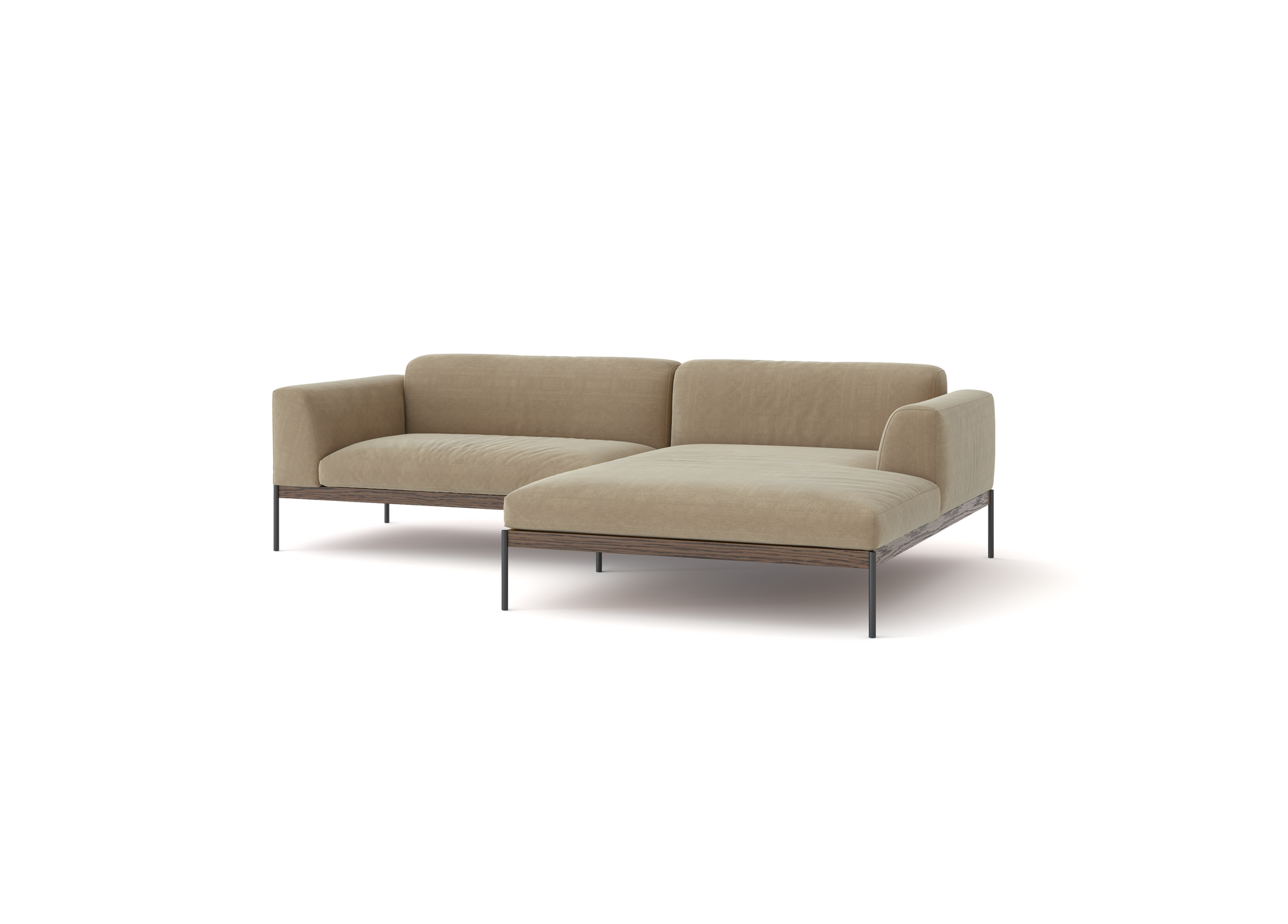 The Department Modular Sofa | Fabric • M3 by Wooden Stories is a modern, minimalist L-shaped sectional with light beige fabric, slim black metal legs, and an FSC-certified oak base inspired by Danish design, shown against a white background.