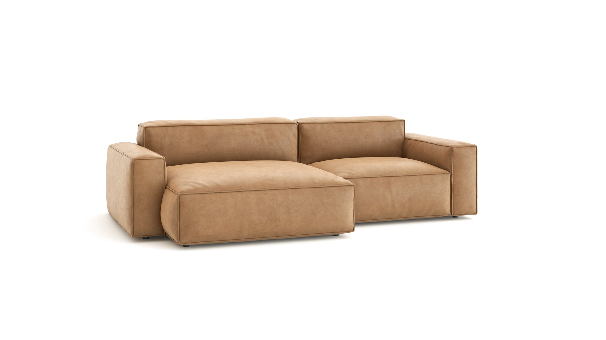 The Baker Modular Sofa | Leather • M3 by Wooden Stories features a modern tan leather design with wide armrests, plush cushions, and a low back, shown against a white background.