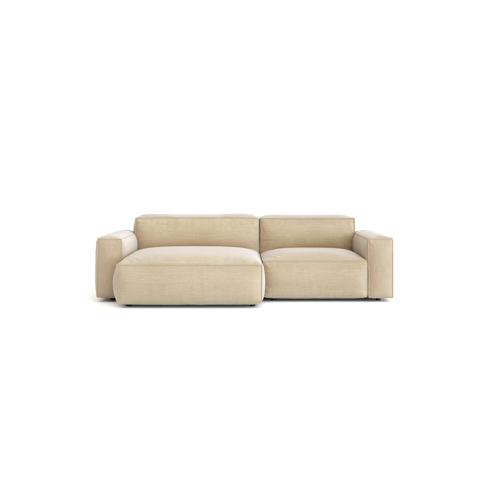 The Baker Modular Sofa | Fabric • M3 by Wooden Stories is a modern beige sofa with wide armrests and plush cushions, shown front-facing on a white background—ideal for contemporary furniture lovers.