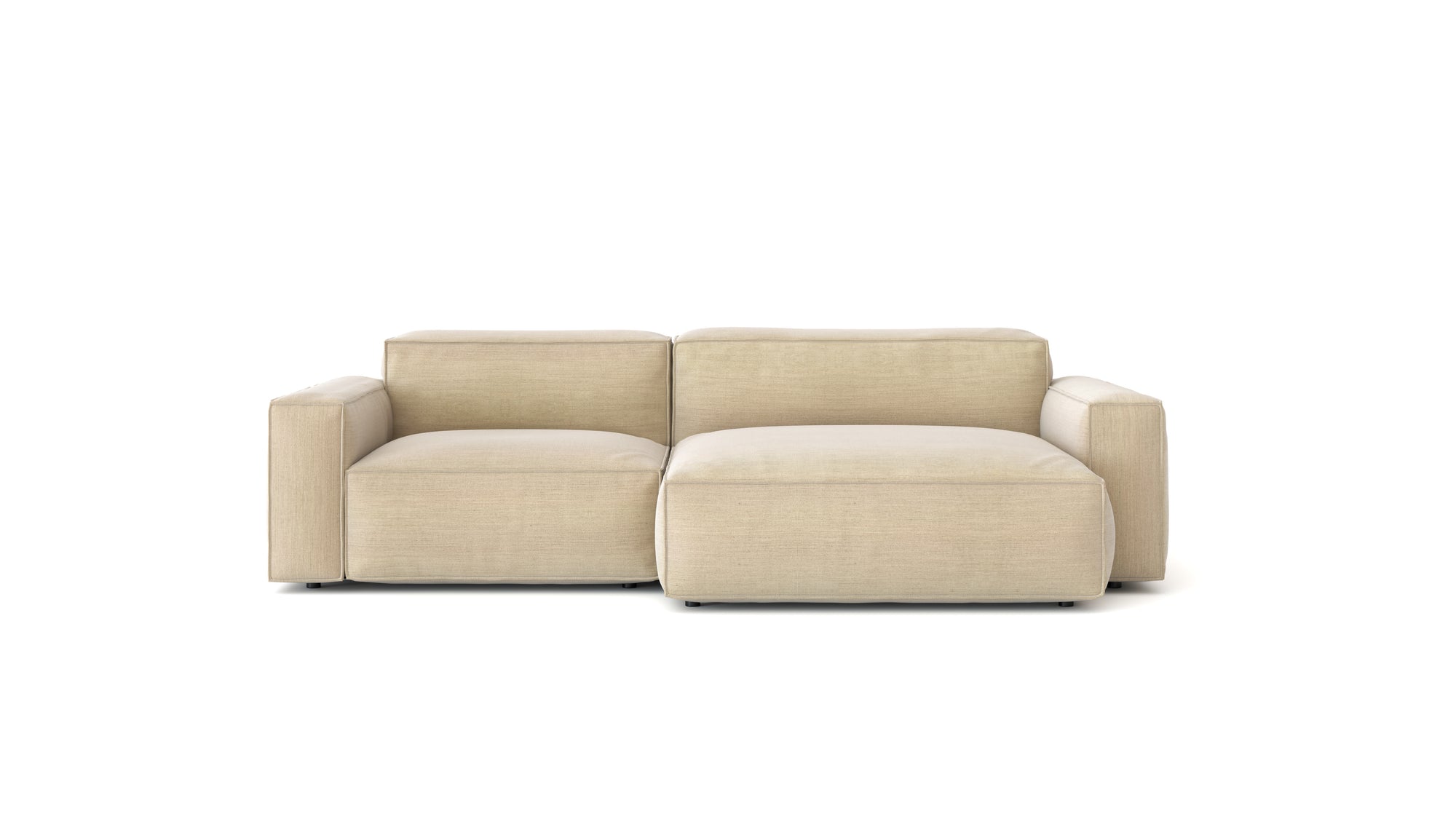 The Baker Modular Sofa | Fabric • M3 by Wooden Stories is a beige, contemporary piece with squared arms and an attached chaise, shown against a plain white background.
