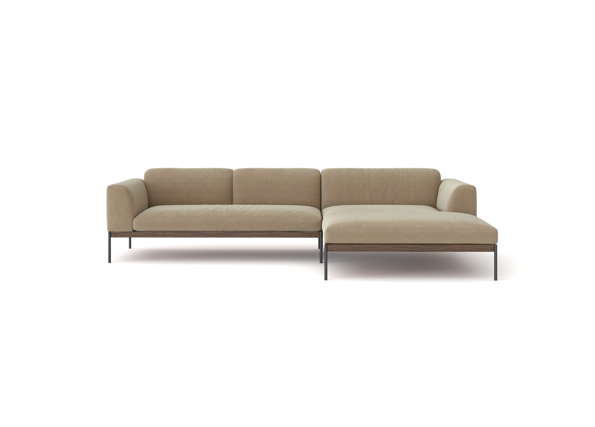 The Department Modular Sofa | Fabric • M4 by Wooden Stories is a modern beige sectional with a right-side chaise, slim black legs, and a low backrest, inspired by Danish collections and shown on a white background.