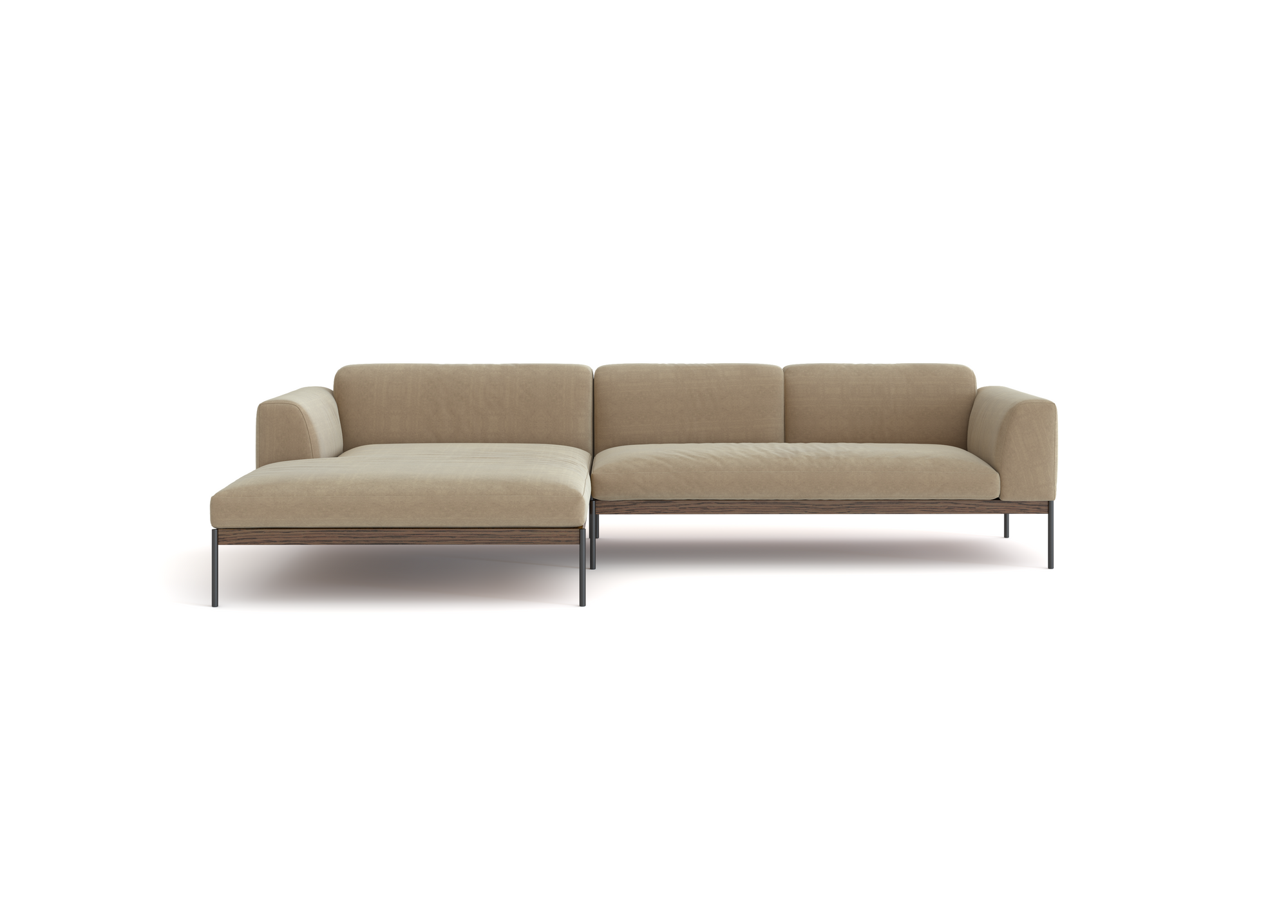 The Department Modular Sofa | Fabric • M4 by Wooden Stories, a beige sectional with a left-facing chaise, metal legs, and clean Danish-inspired lines, is set against a plain white background.