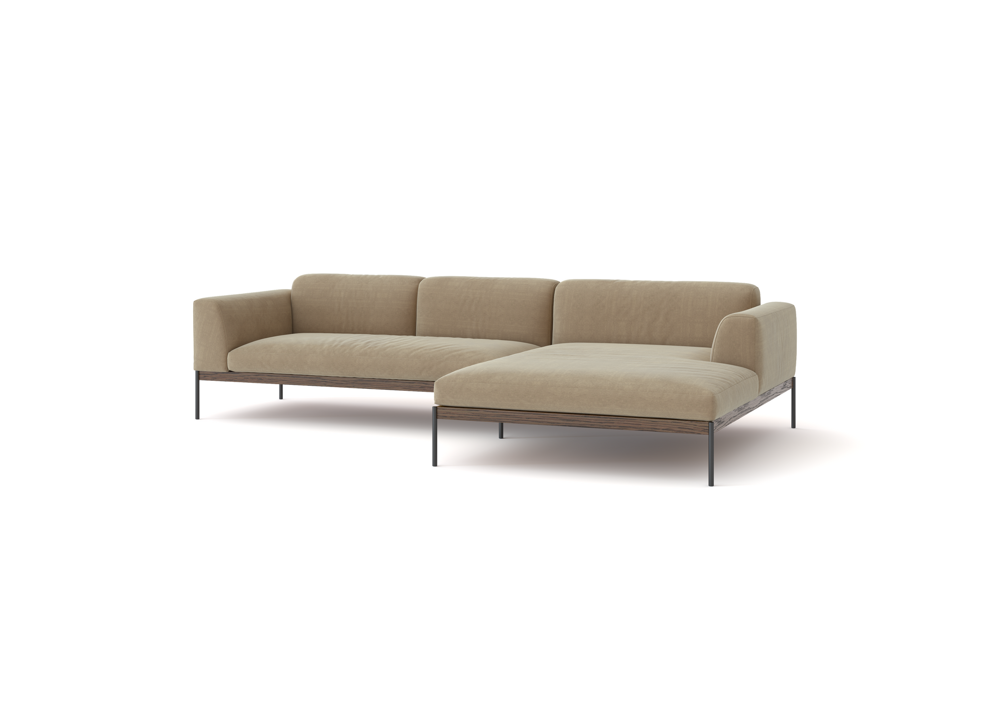 The Wooden Stories Department Modular Sofa | Fabric • M4 is a modern beige sectional with a right chaise, slim black metal legs, and minimalist Danish-inspired design, shown against a white background.