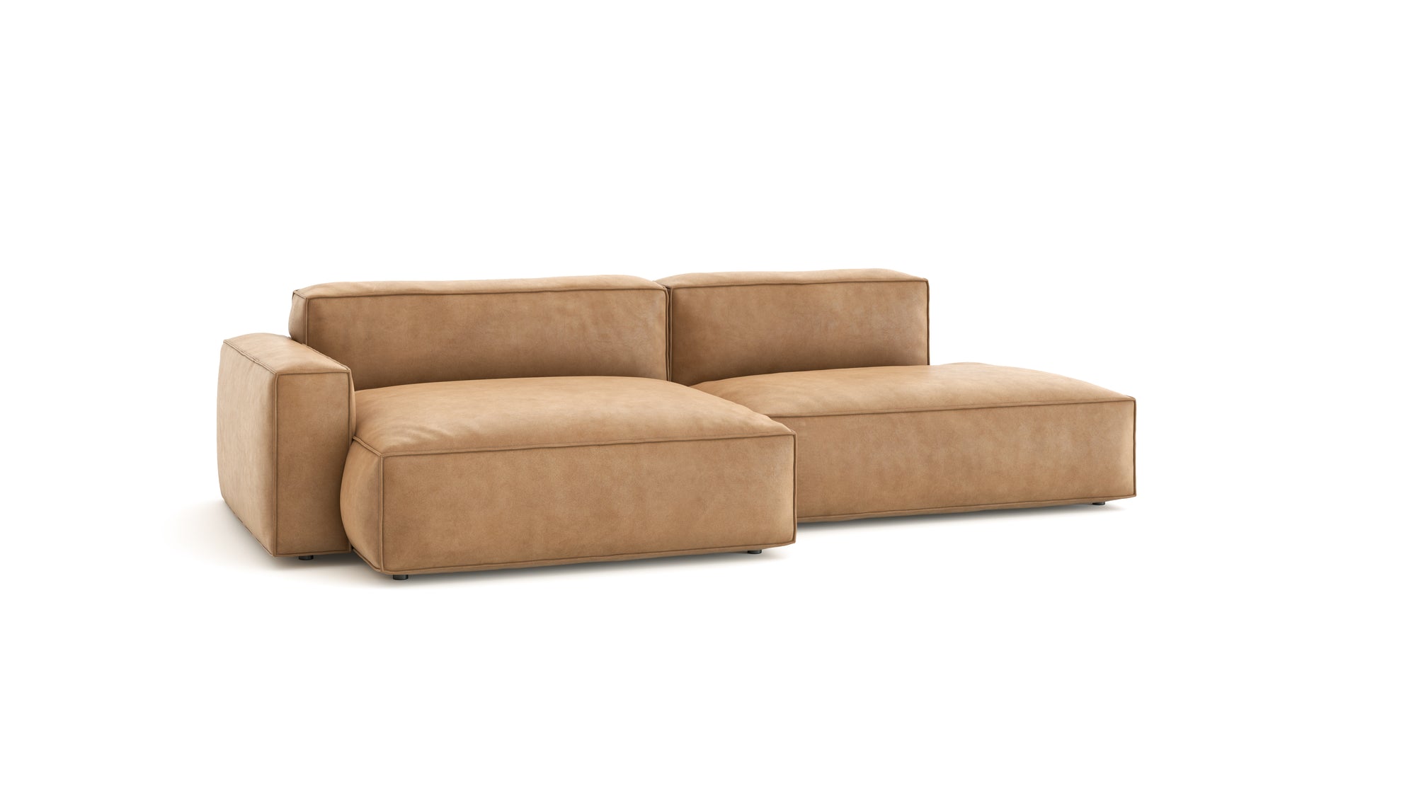 The Baker Modular Sofa | Leather • M4 by Wooden Stories is a modern, light brown sectional with wide, plush cushions and low backrests, presented against a white background.