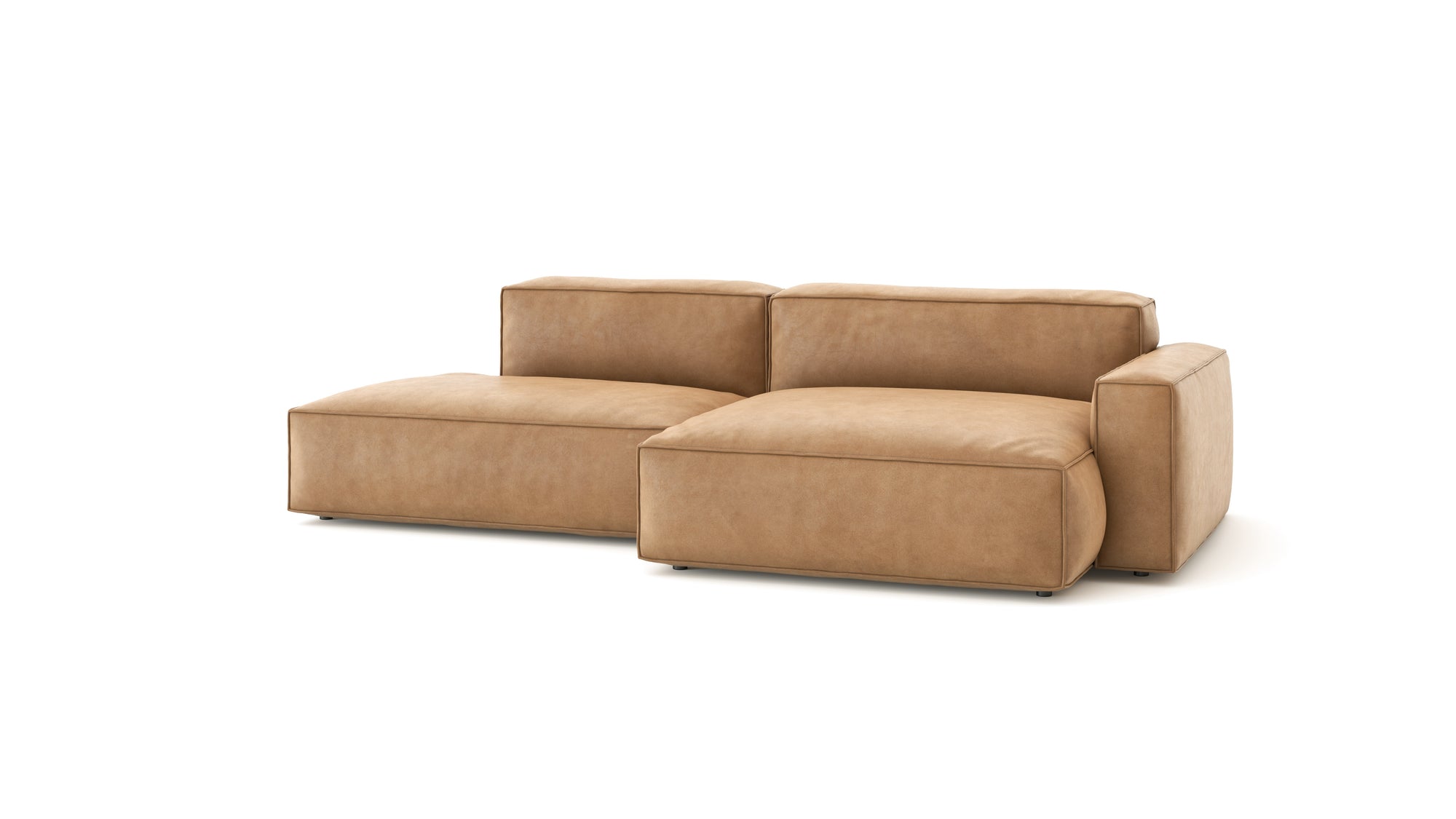 The Baker Modular Sofa | Leather • M4 by Wooden Stories is a modern tan leather sofa with wide seats and low backrests, showcasing clean lines and minimalist design, displayed against a plain white background.
