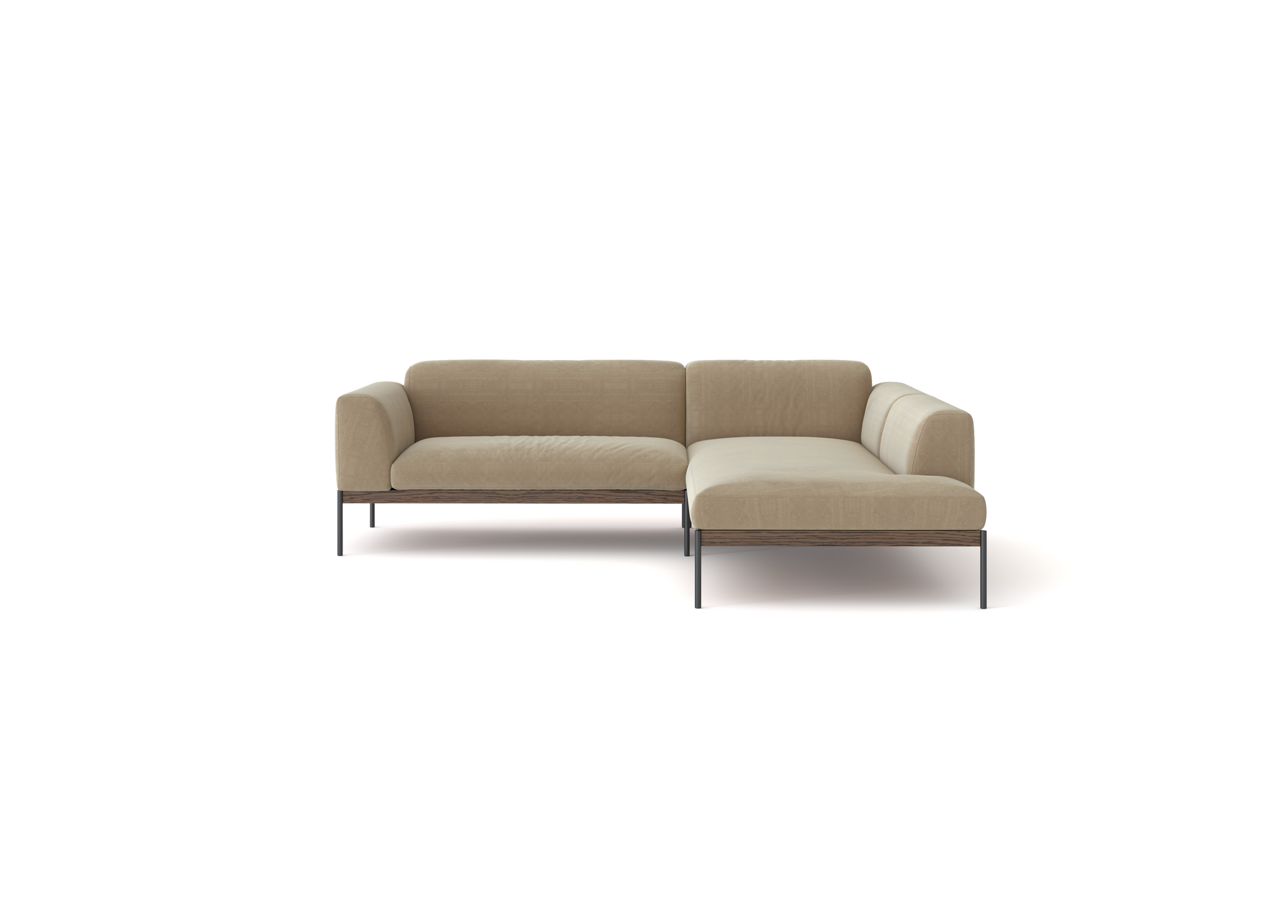 The Wooden Stories Department Modular Sofa | Fabric • M5 is a modern beige L-shaped sectional with thin black metal legs, a minimalist design, and an FSC-certified oak base, shown against a plain white background.