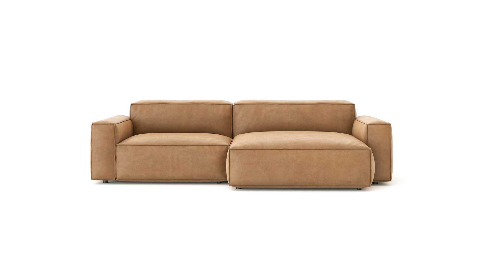 The Wooden Stories Baker Modular Sofa | Leather • M5 is a modern, light brown sectional with wide armrests and a right-side chaise lounge, shown against a plain white background.