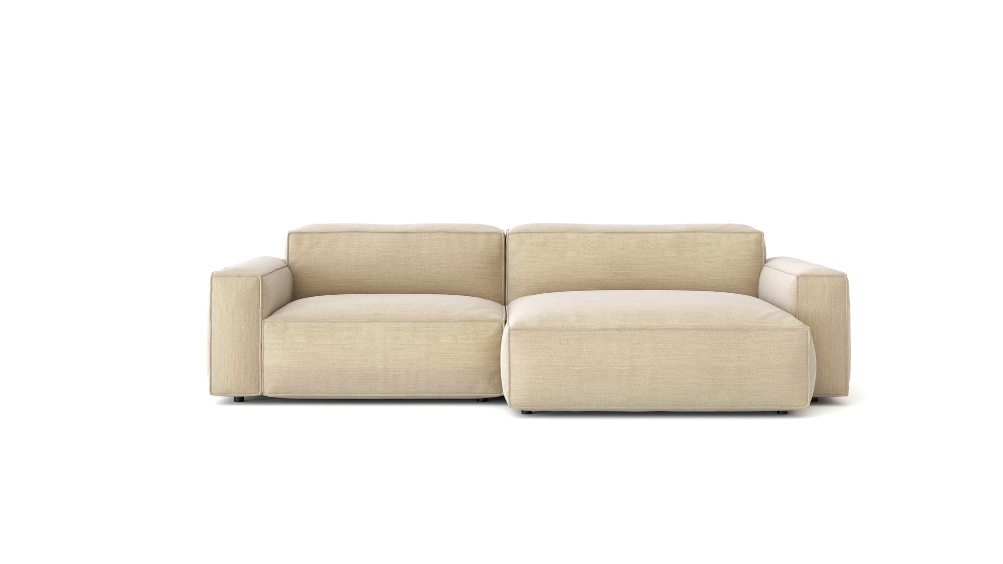 The Wooden Stories Baker Modular Sofa | Fabric • M5 in beige showcases square arms, feather filling, and a right chaise lounge, all set against a plain white background.