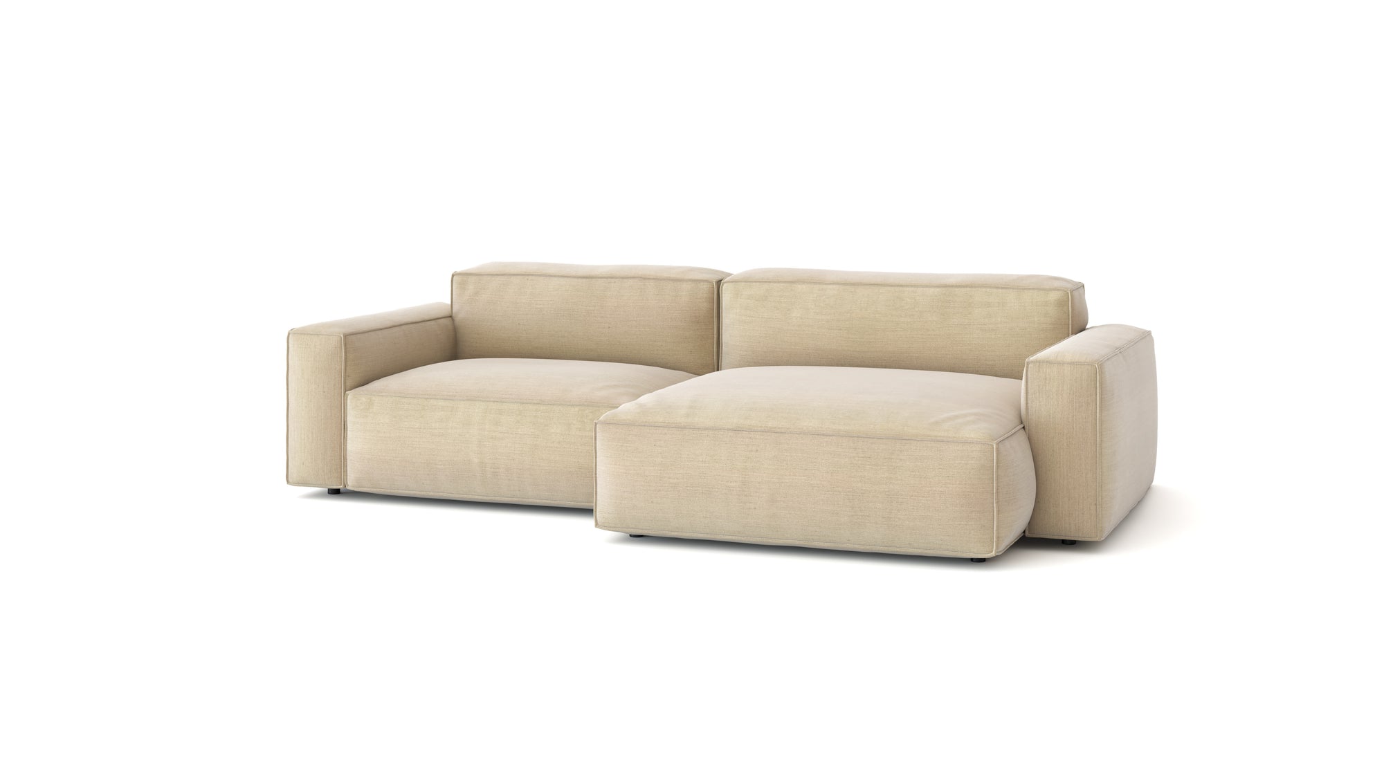 The Baker Modular Sofa | Fabric • M5 by Wooden Stories is a modern beige two-seater with wide armrests and plush feather-filled cushions, shown against a plain white background.