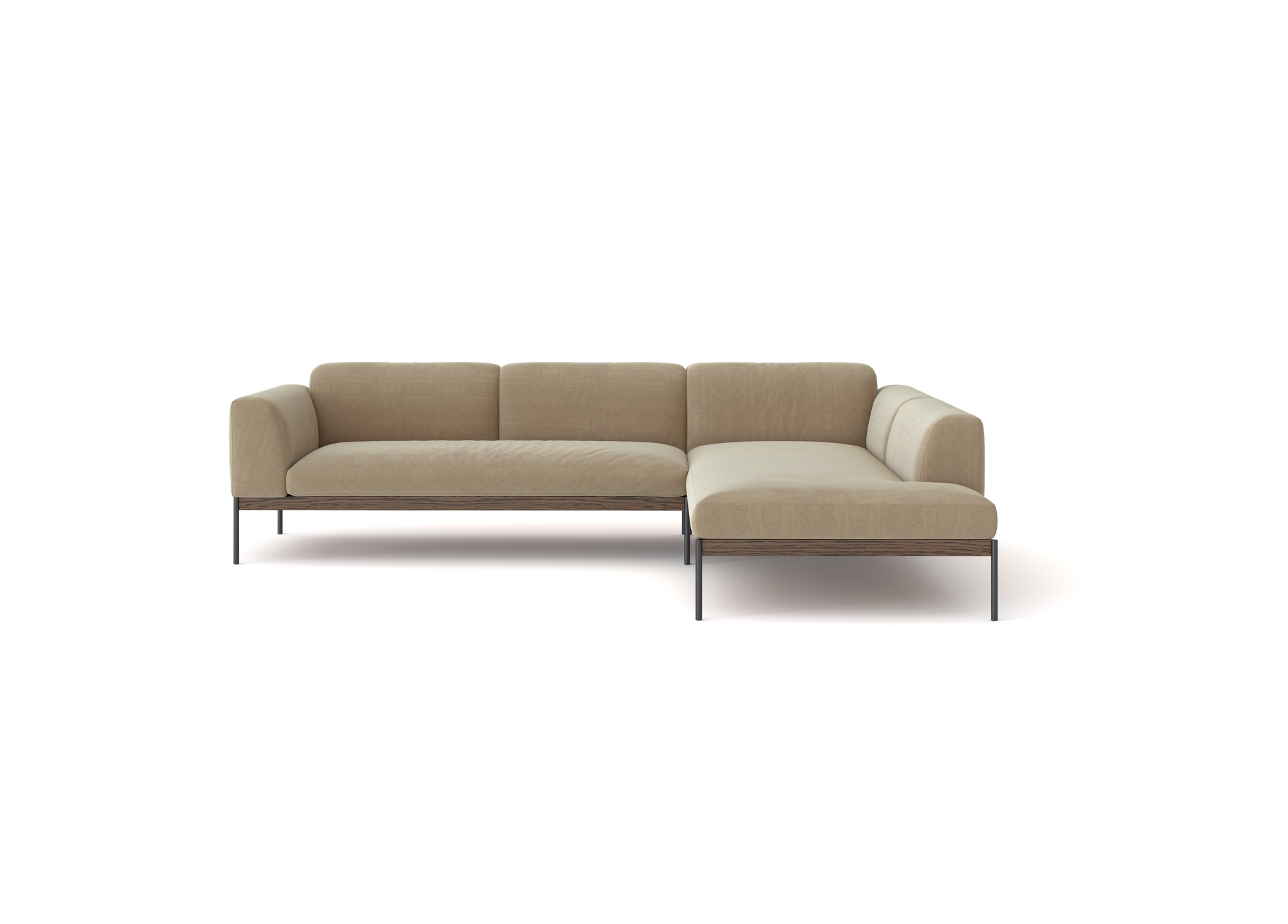 The Department Modular Sofa | Fabric • M6 by Wooden Stories is a beige L-shaped sectional with slim black legs and FSC-certified oak trim, inspired by Danish collections, shown against a white background.