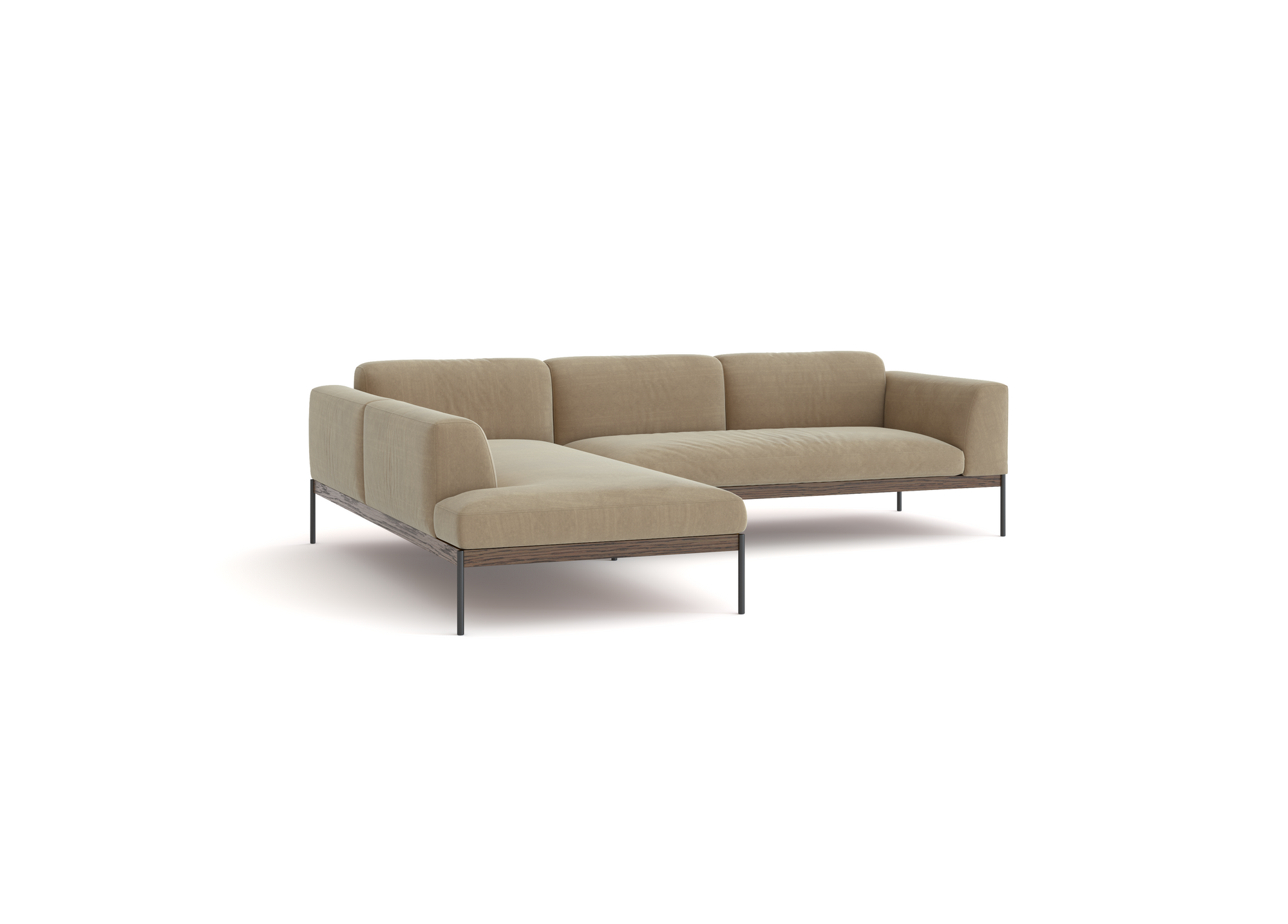 The Department Modular Sofa | Fabric • M6 by Wooden Stories features beige upholstery, low-profile cushions, and slim black metal legs in a modern L-shaped design inspired by Danish collections, set against a plain white background.