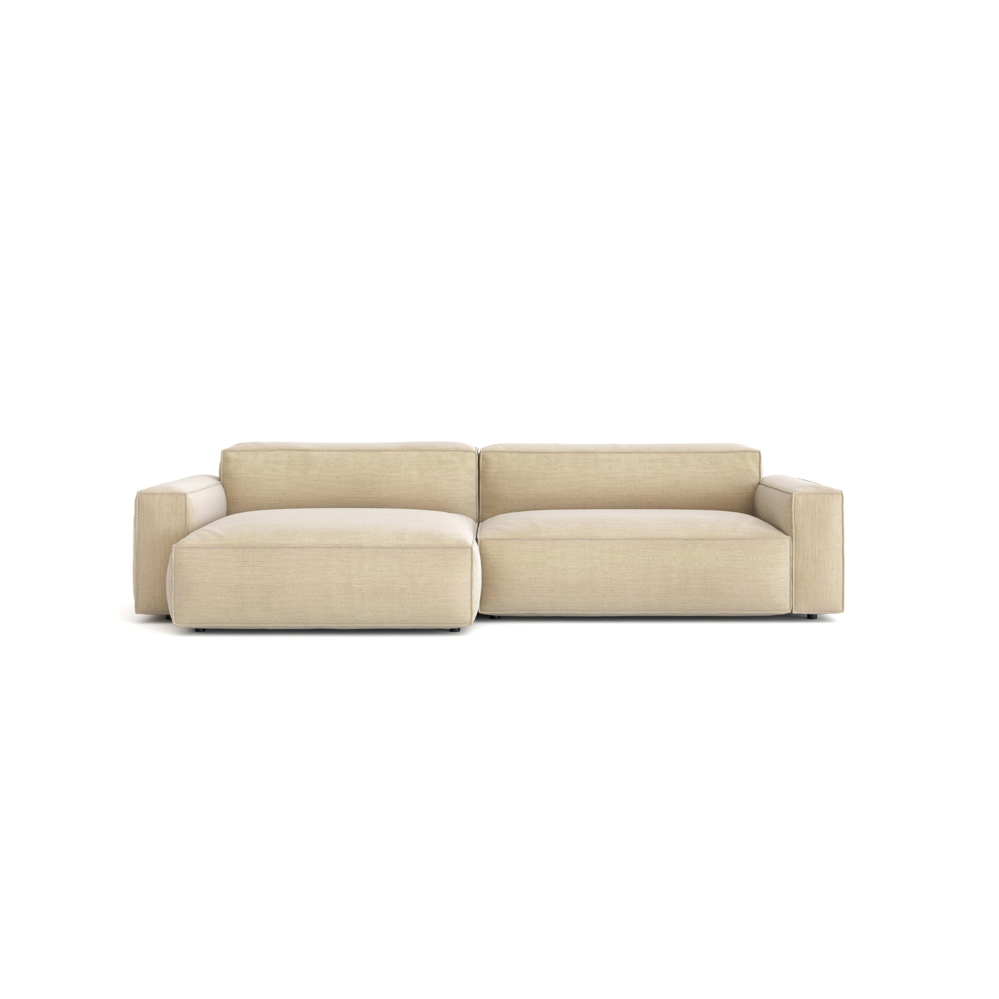 The Baker Modular Sofa | Fabric • M6 by Wooden Stories is a modern, beige two-seater with wide armrests and low backrests, shown from the front on a plain white background.