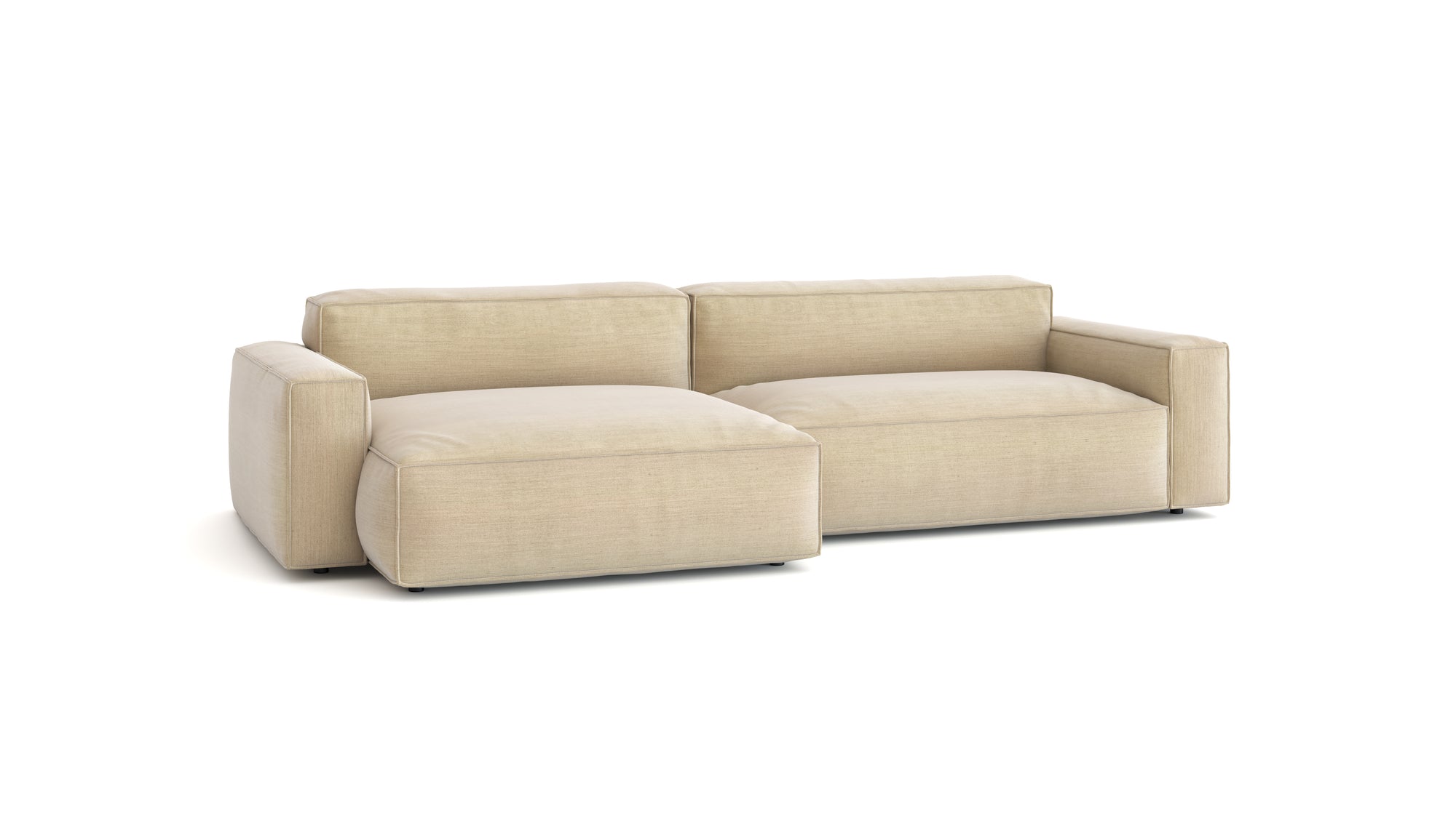 The Baker Modular Sofa | Fabric • M6 by Wooden Stories is a modern beige two-piece sofa with wide armrests, low backrests, and plush cushions, shown against a white background.